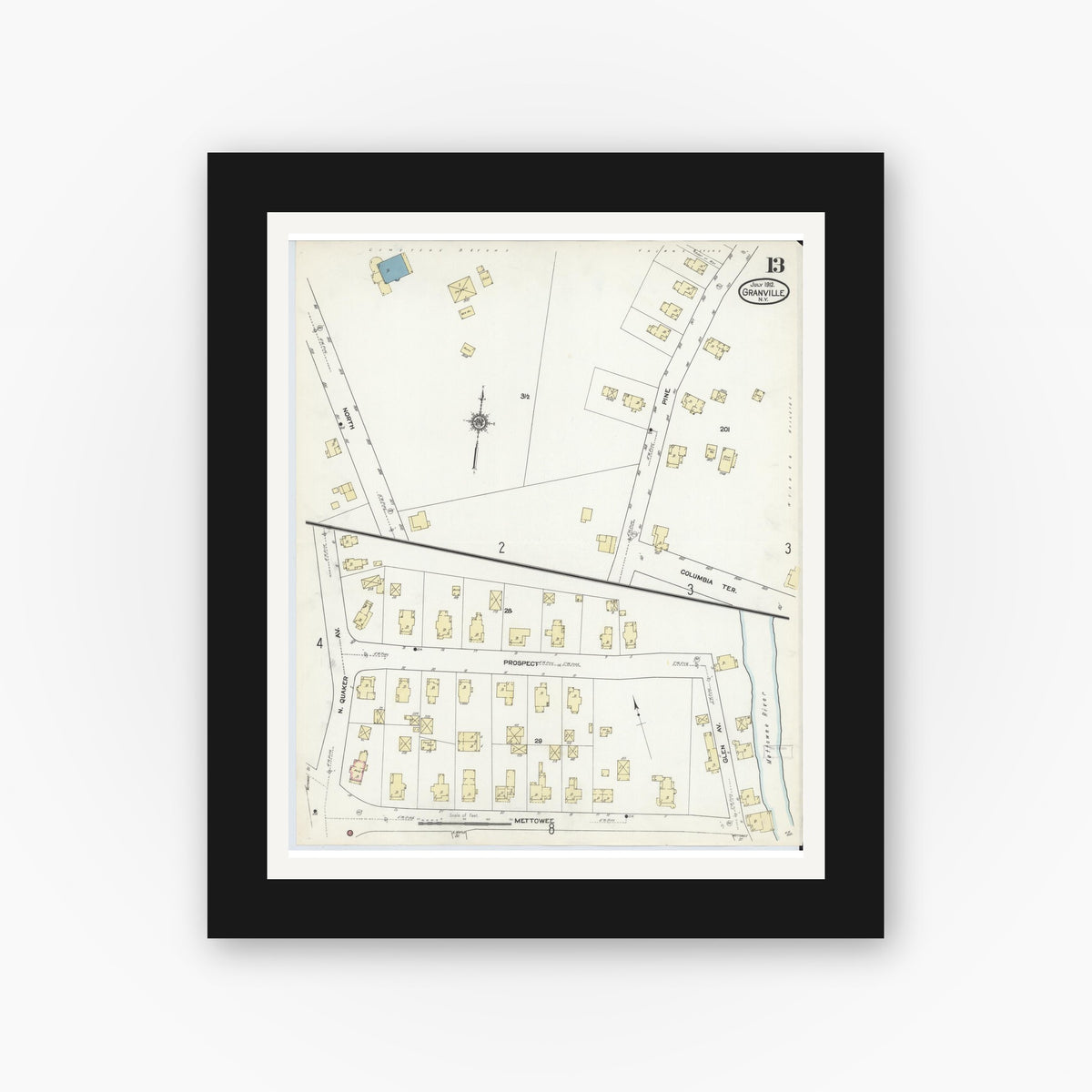 Old map wall art mockup — black gallery frame with white mat — Sanborn Fire Insurance Map from Granville, Washington County, New York (1912), Sheet #0013