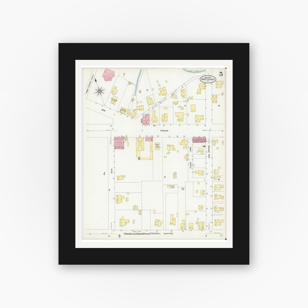 Old map wall art mockup — black gallery frame with white mat — Sanborn Fire Insurance Map from Fayetteville, Cumberland County, North Carolina (1908), Sheet #0005