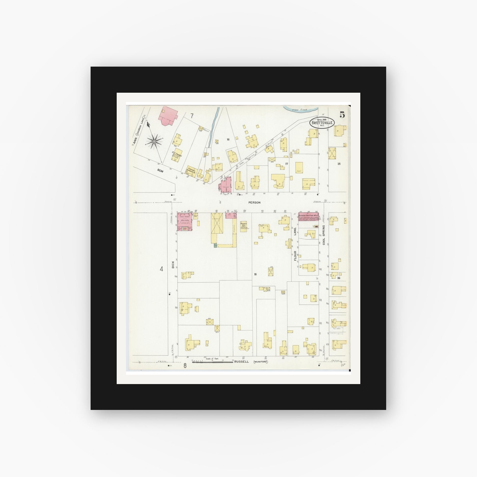Old map wall art mockup — black gallery frame with white mat — Sanborn Fire Insurance Map from Fayetteville, Cumberland County, North Carolina (1908), Sheet #0005
