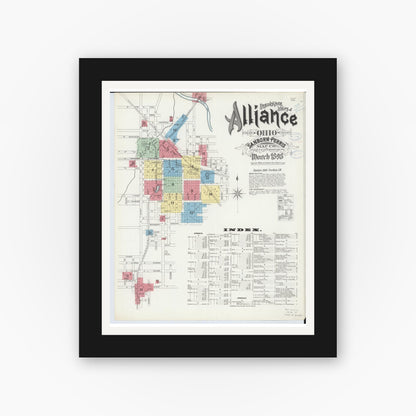 Old map wall art mockup — black gallery frame with white mat — Sanborn Fire Insurance Map from Alliance, Stark County, Ohio (1898), Sheet #0001