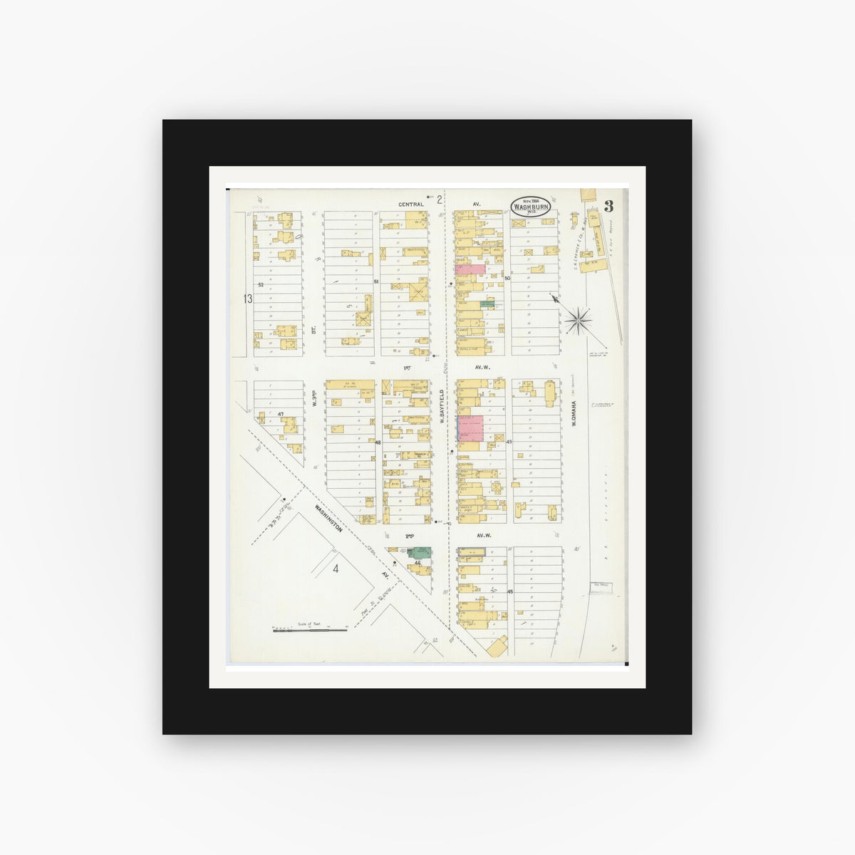 Old map wall art mockup — black gallery frame with white mat — Sanborn Fire Insurance Map from Washburn, Bayfield County, Wisconsin (1904), Sheet #0003