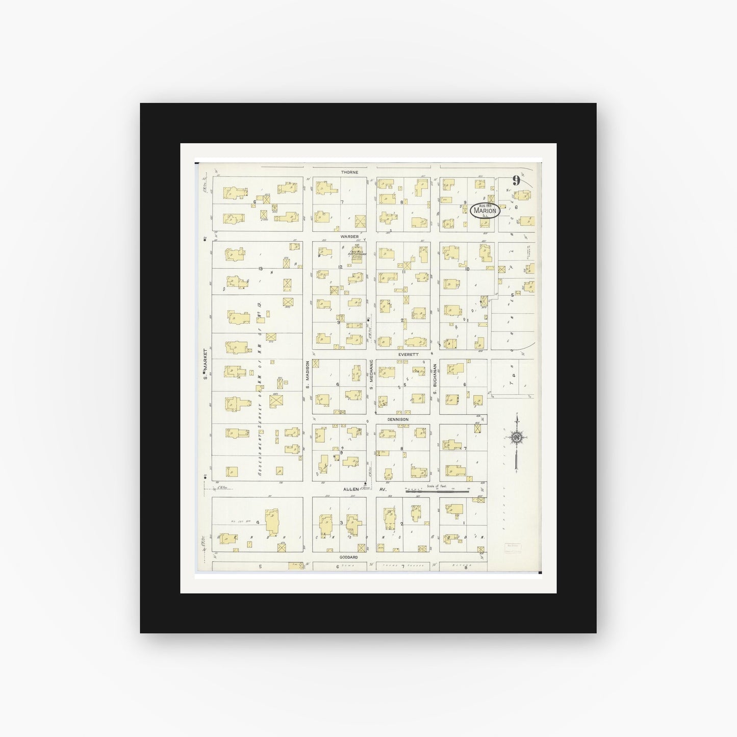 Old map wall art mockup — black gallery frame with white mat — Sanborn Fire Insurance Map from Marion, Williamson County, Illinois (1913), Sheet #0009
