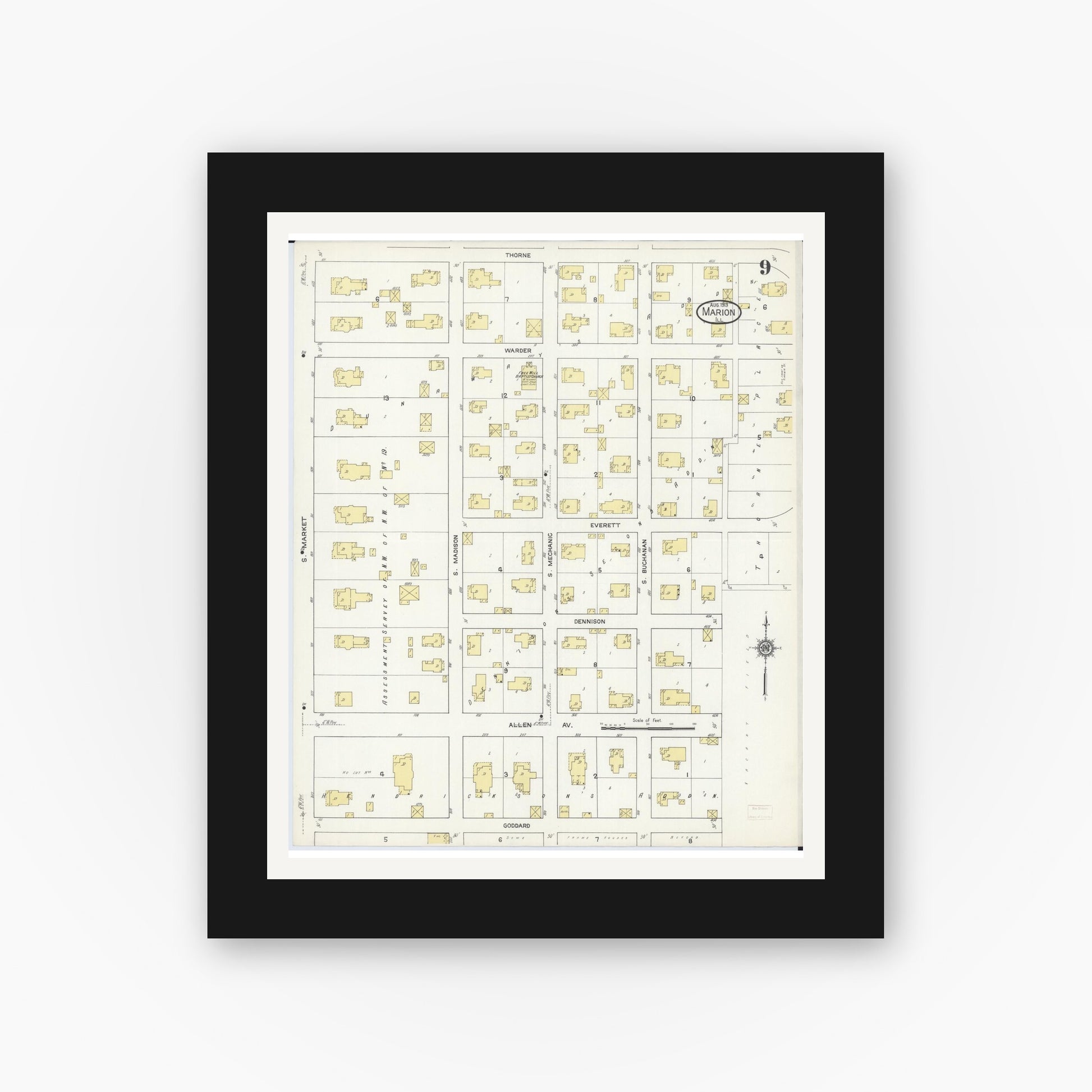 Old map wall art mockup — black gallery frame with white mat — Sanborn Fire Insurance Map from Marion, Williamson County, Illinois (1913), Sheet #0009