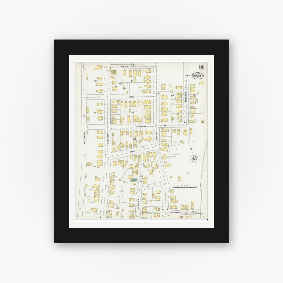 Old map wall art mockup — black gallery frame with white mat — Sanborn Fire Insurance Map from Bradford, McKean County, Pennsylvania (1899), Sheet #0014