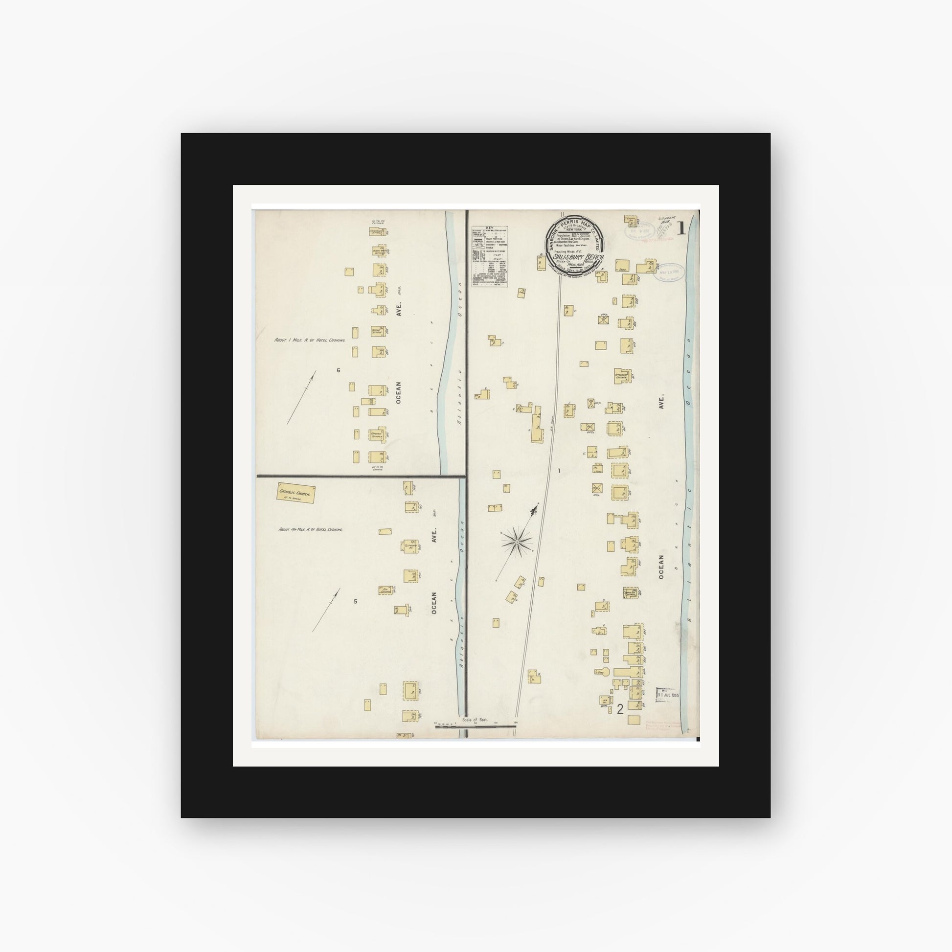 Old map wall art mockup — black gallery frame with white mat — Sanborn Fire Insurance Map from Salisbury, Essex County, Massachusetts (1898), Sheet #0001