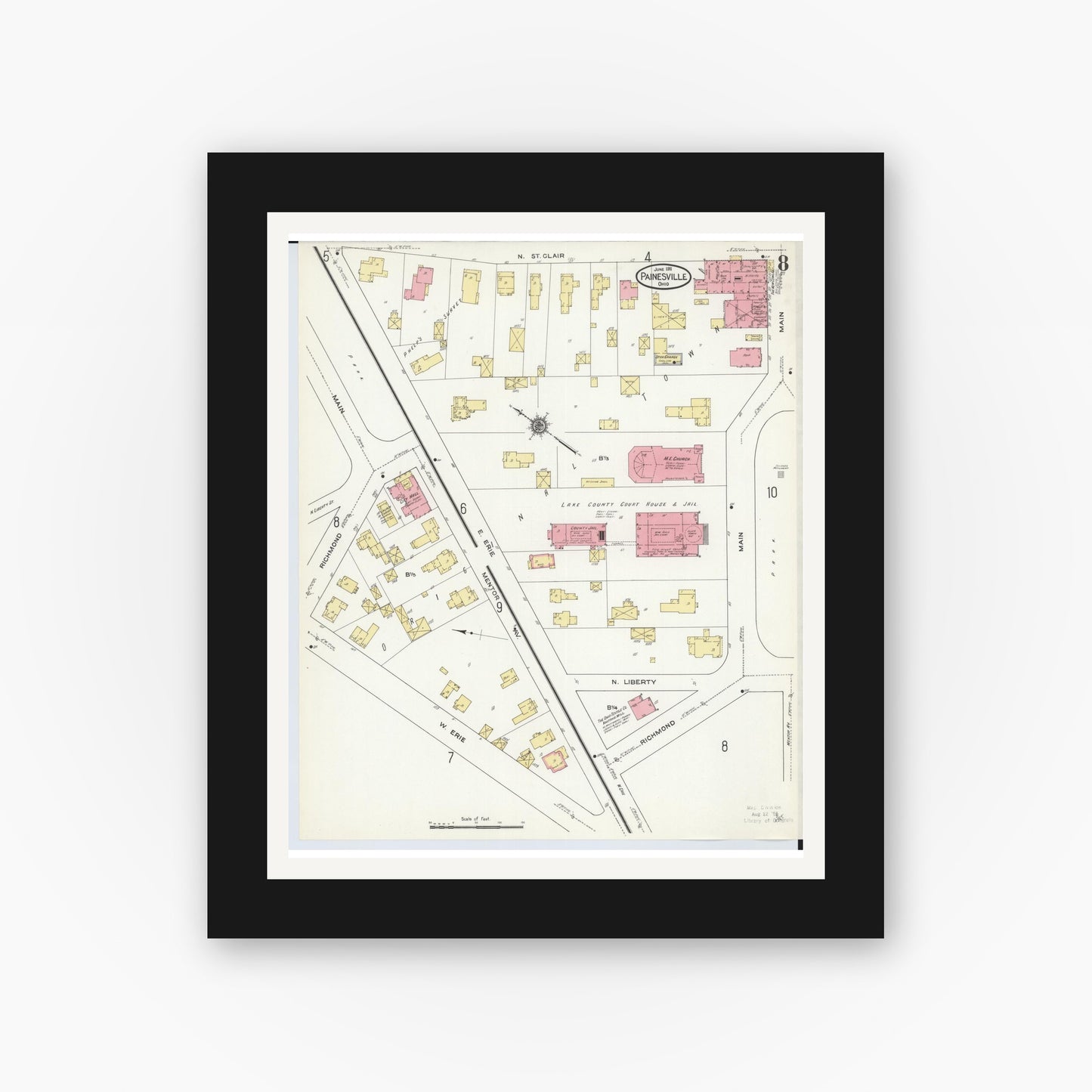 Old map wall art mockup — black gallery frame with white mat — Sanborn Fire Insurance Map from Painesville, Lake County, Ohio (1911), Sheet #0008