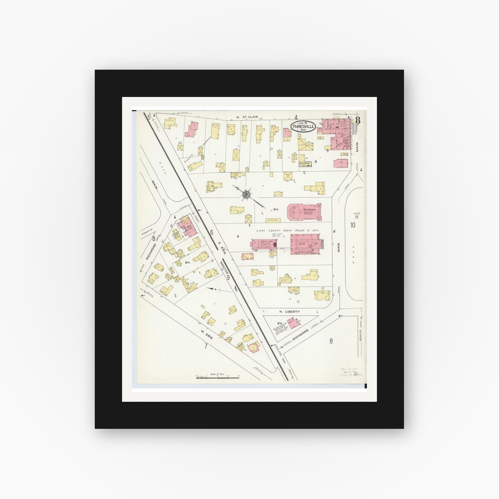 Old map wall art mockup — black gallery frame with white mat — Sanborn Fire Insurance Map from Painesville, Lake County, Ohio (1911), Sheet #0008