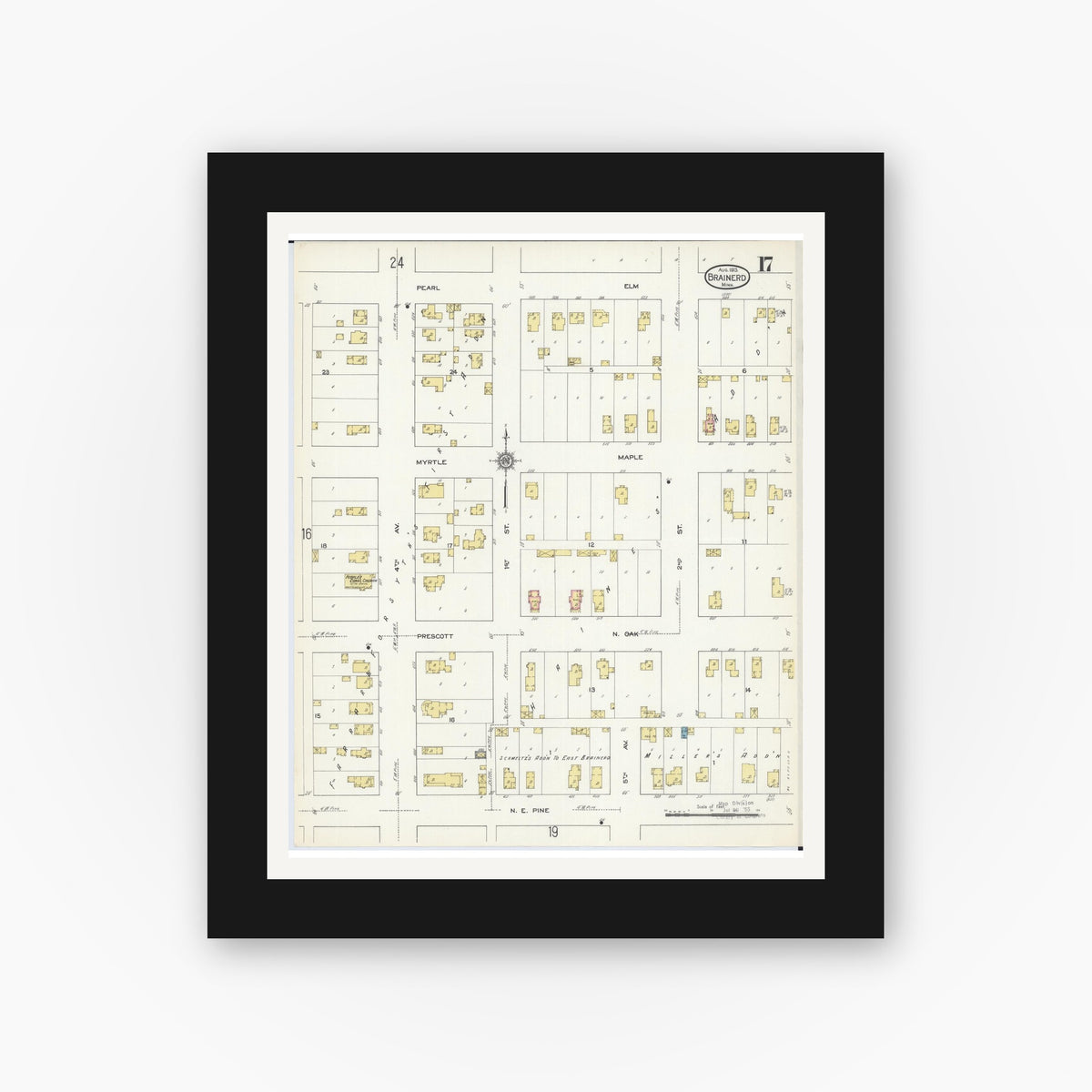 Old map wall art mockup — black gallery frame with white mat — Sanborn Fire Insurance Map from Brainerd, Crow Wing County, Minnesota (1913), Sheet #0017