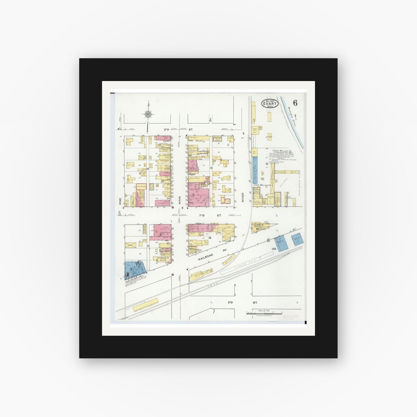 Old map wall art mockup — black gallery frame with white mat — Sanborn Fire Insurance Map from Evart, Osceola County, Michigan (1920), Sheet #0006