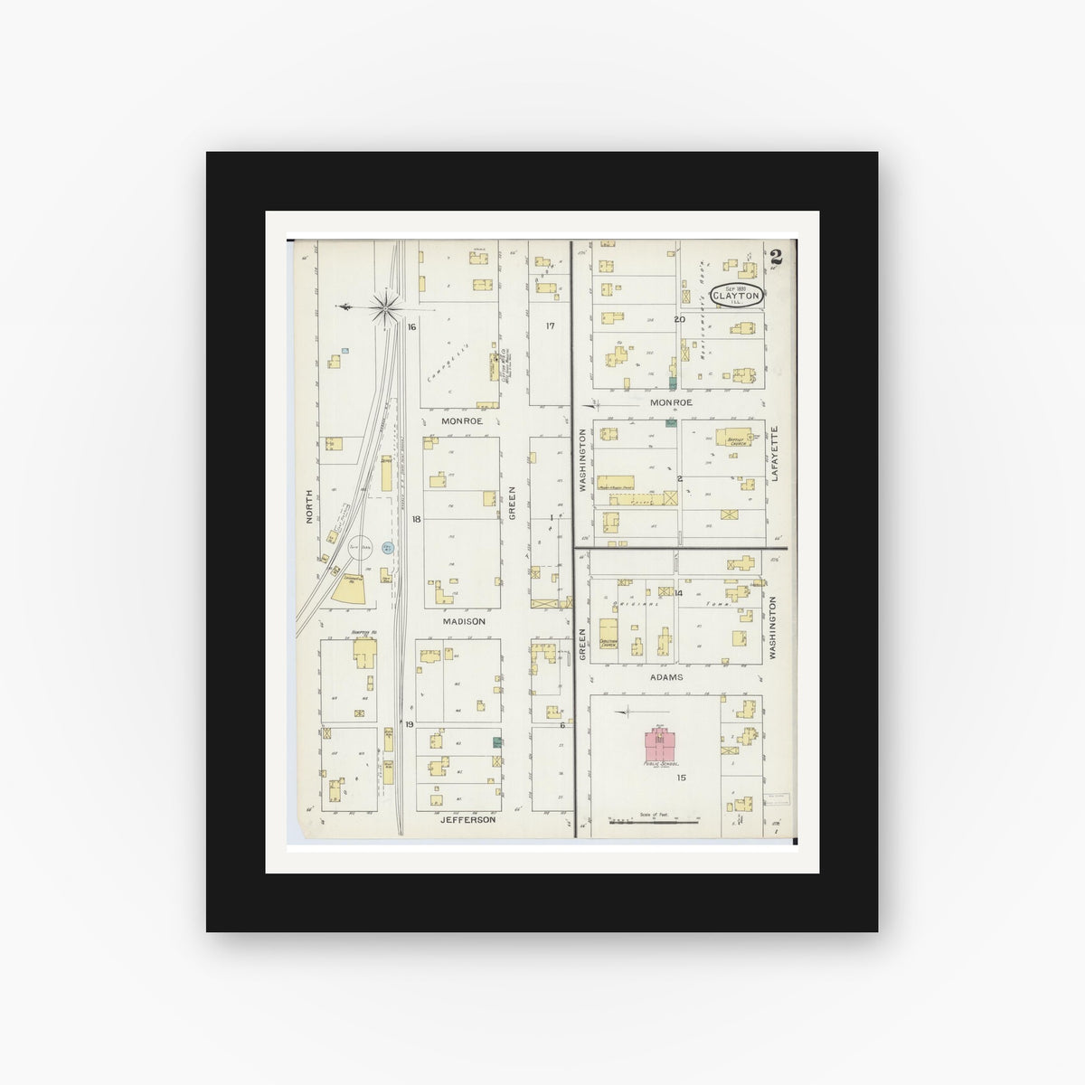 Old map wall art mockup — black gallery frame with white mat — Sanborn Fire Insurance Map from Clayton, Adams County, Illinois (1893), Sheet #0002