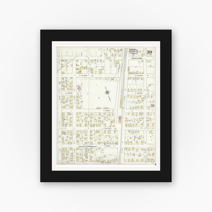 Old map wall art mockup — black gallery frame with white mat — Sanborn Fire Insurance Map from Temple, Bell County, Texas (1915), Sheet #0030