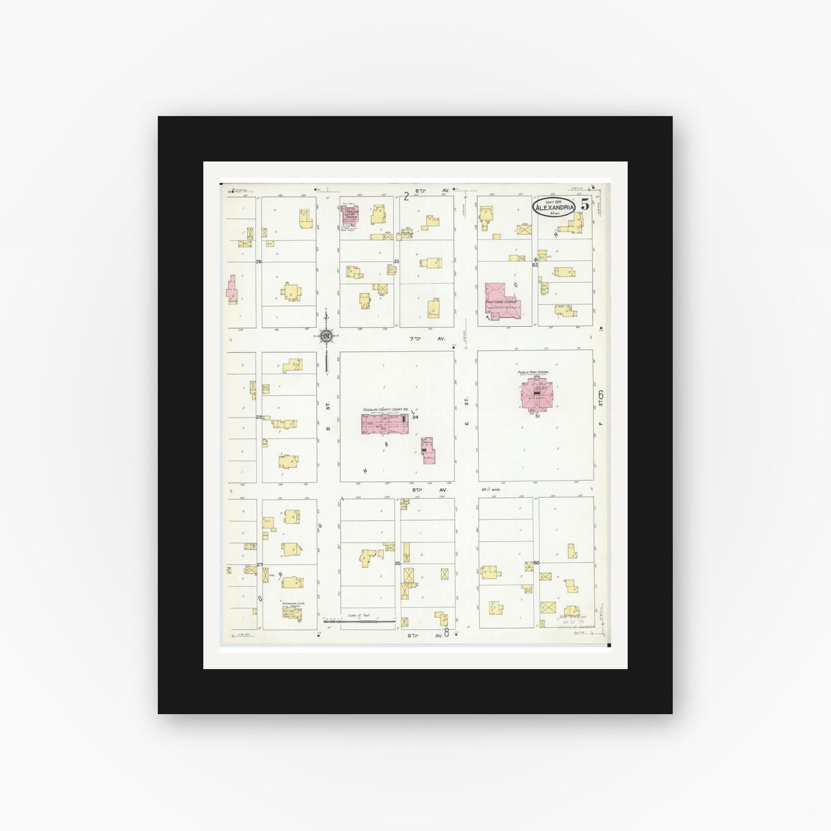 Old map wall art mockup — black gallery frame with white mat — Sanborn Fire Insurance Map from Alexandria, Douglas County, Minnesota (1909), Sheet #0005