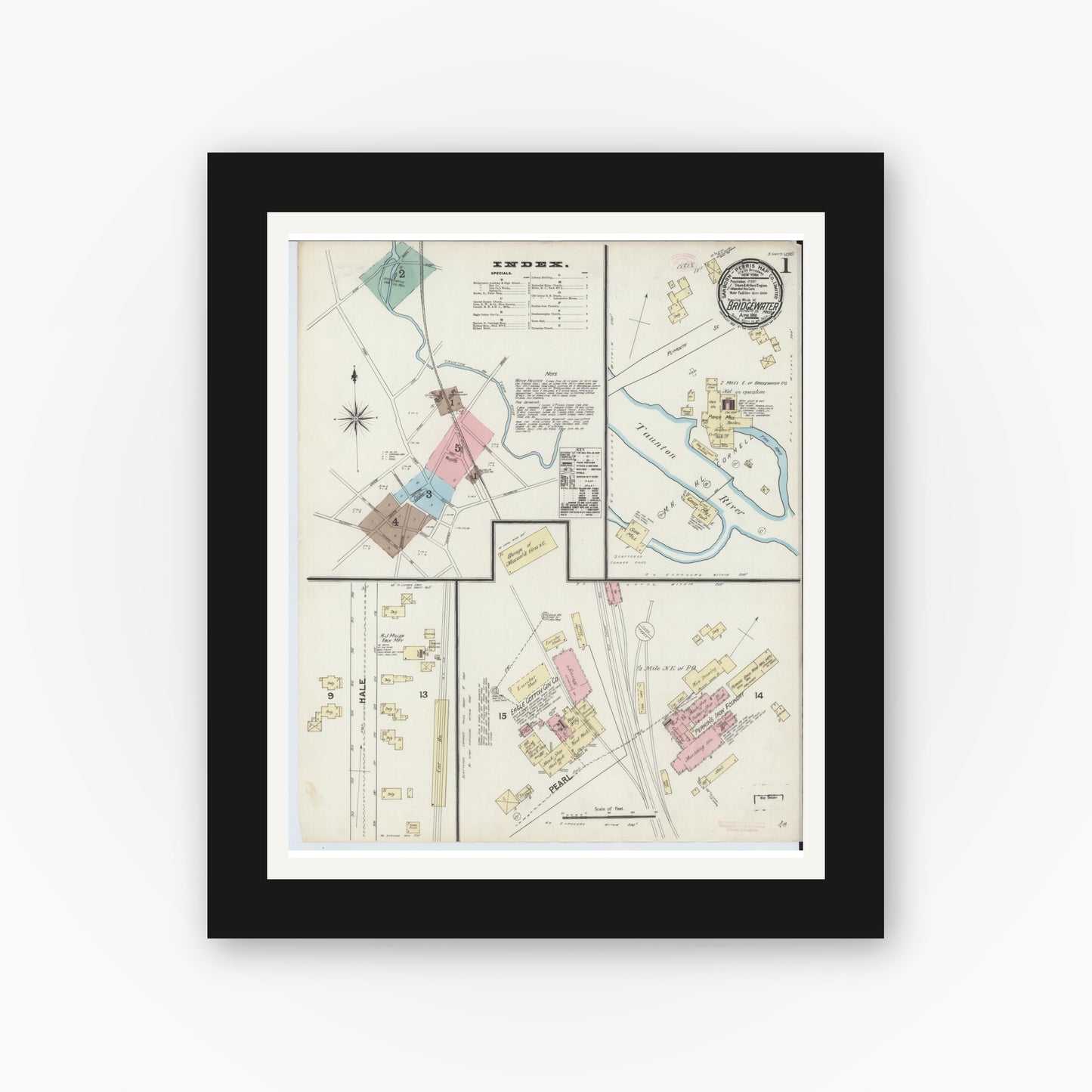 Old map wall art mockup — black gallery frame with white mat — Sanborn Fire Insurance Map from Bridgewater, Plymouth County, Massachusetts (1891) - Complete Map Set