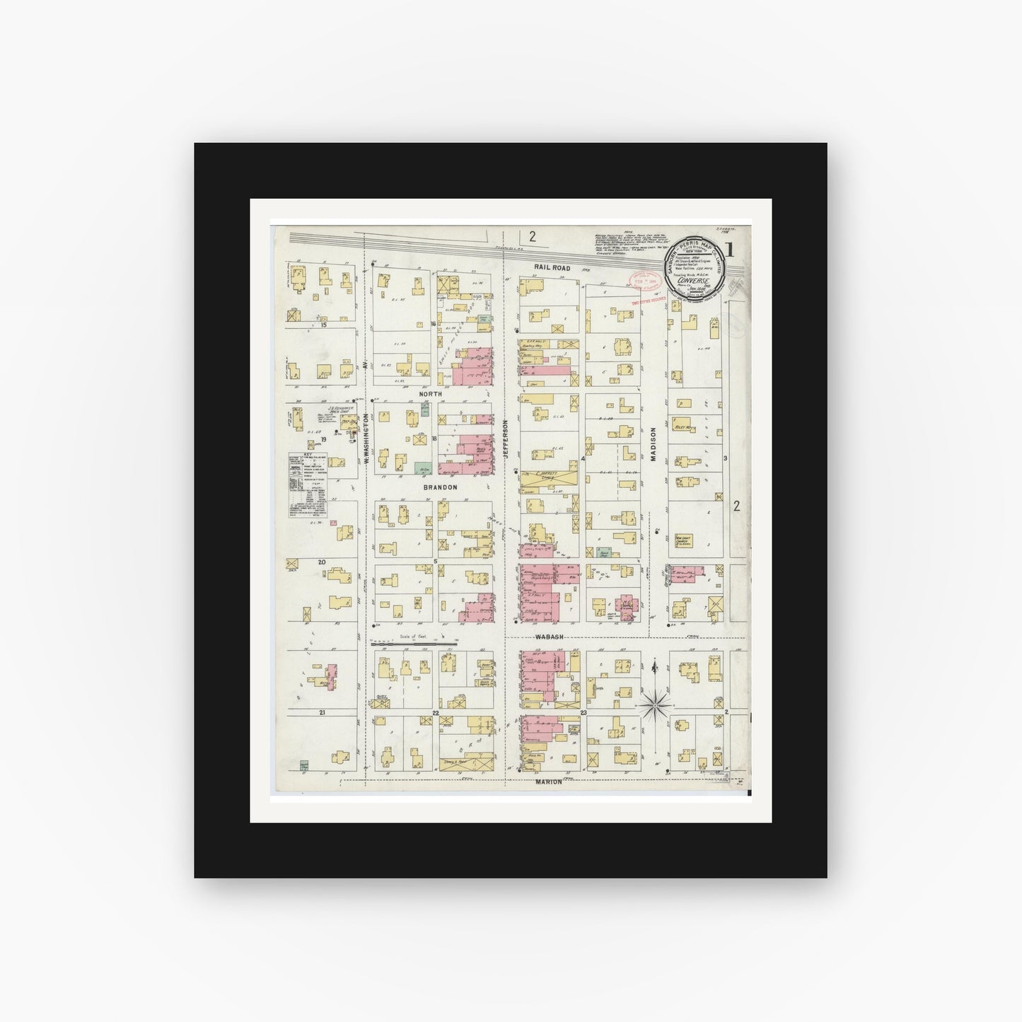 Old map wall art mockup — black gallery frame with white mat — Sanborn Fire Insurance Map from Converse, Miami County, Indiana (1898), Sheet #0001