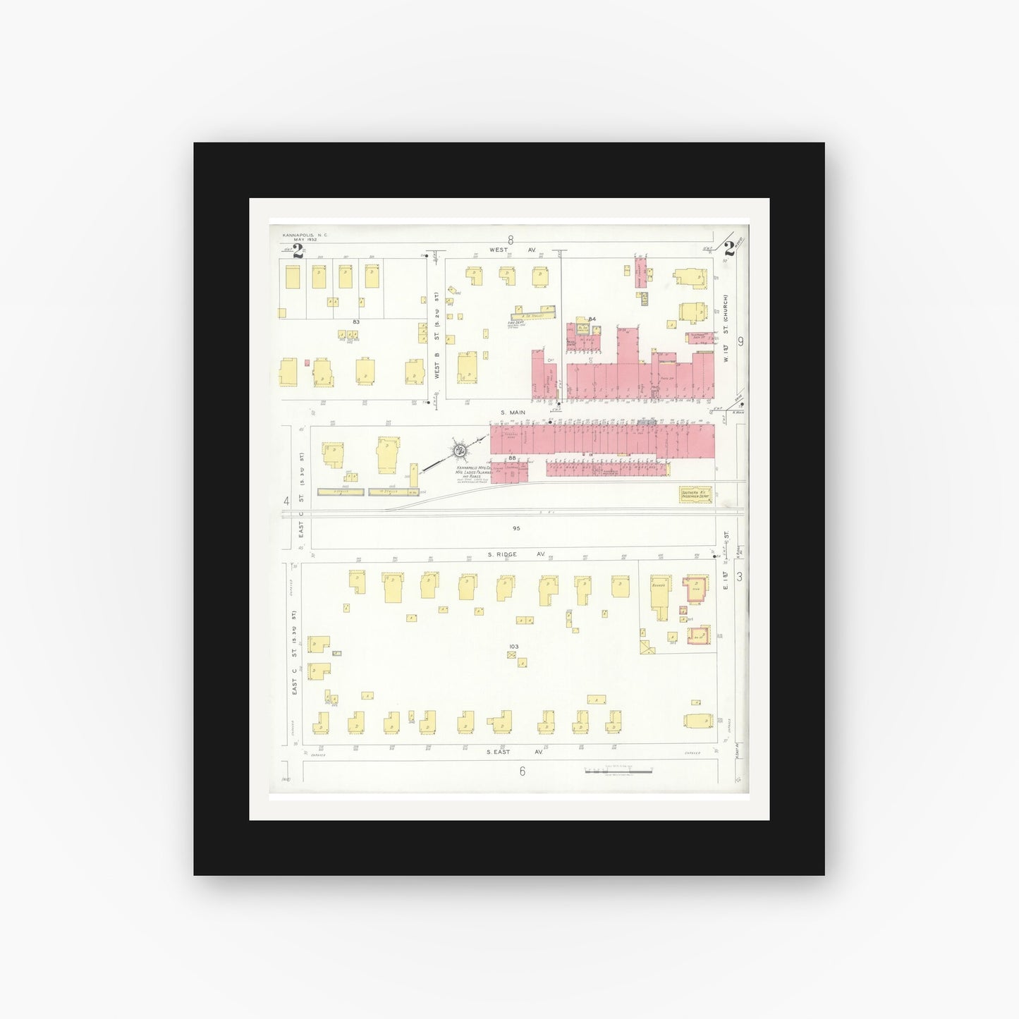 Old map wall art mockup — black gallery frame with white mat — Sanborn Fire Insurance Map from Kannapolis, Rowan And Cabarrus Counties, North Carolina (1932), Sheet #0002
