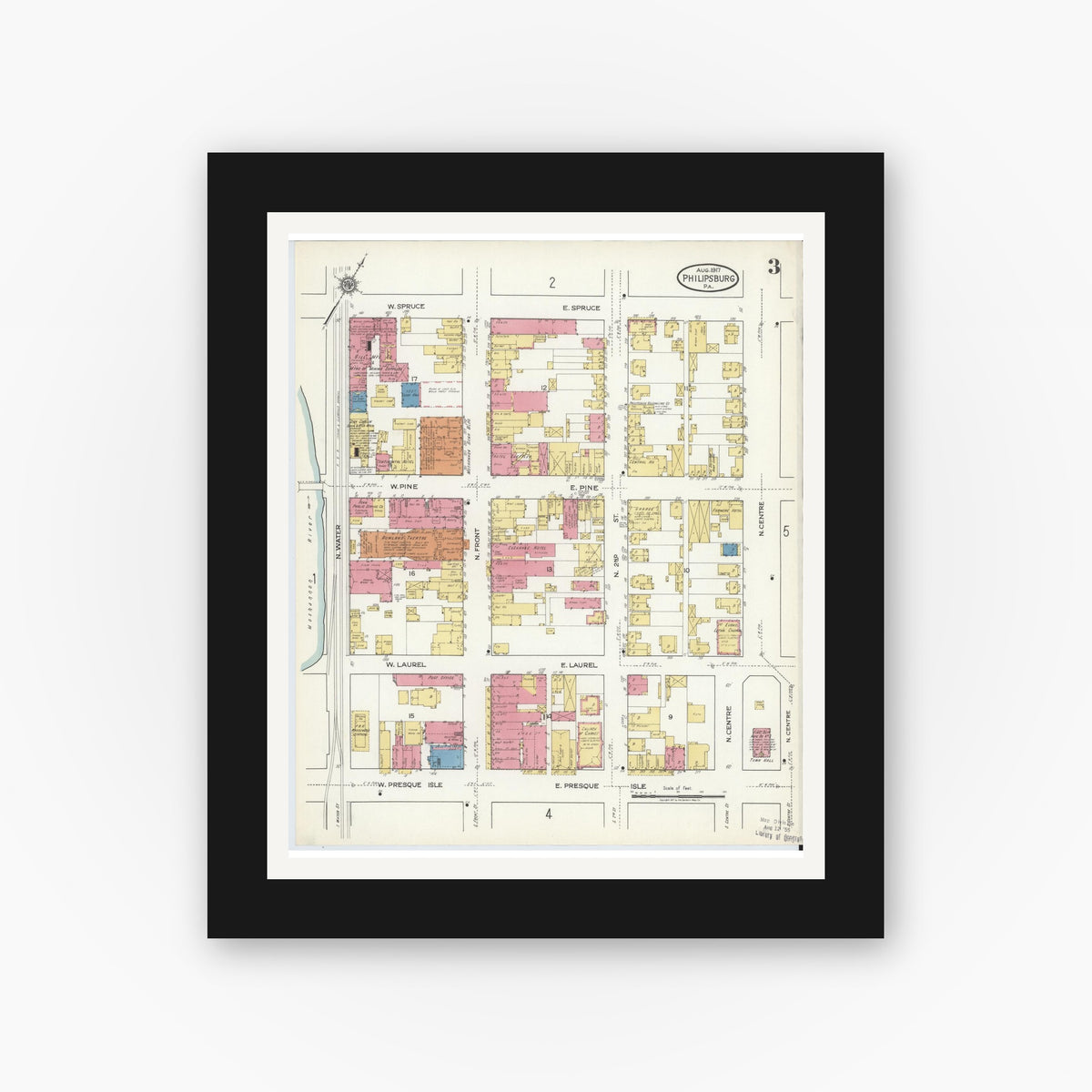 Old map wall art mockup — black gallery frame with white mat — Sanborn Fire Insurance Map from Philipsburg, Centre County, Pennsylvania (1917), Sheet #0003