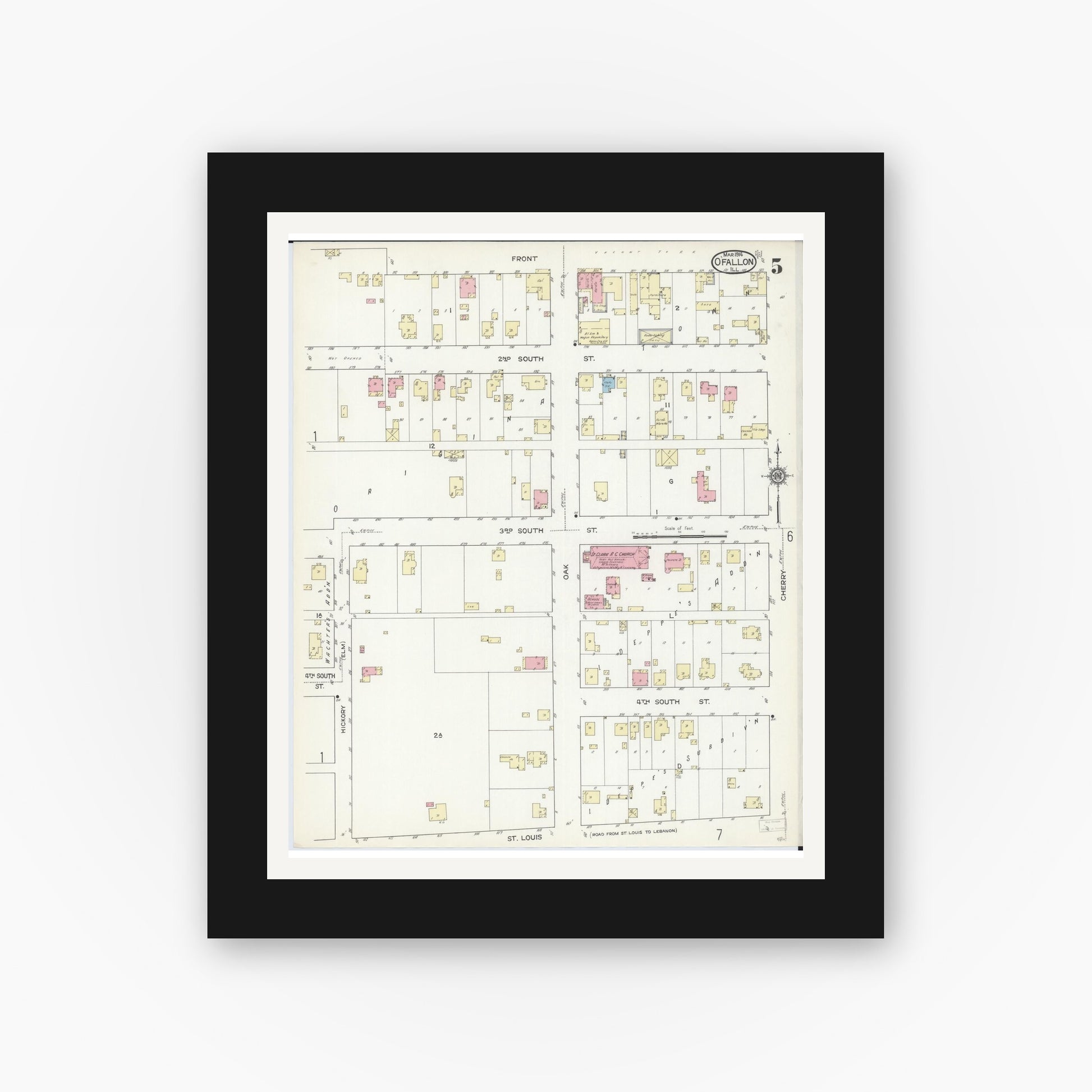 Old map wall art mockup — black gallery frame with white mat — Sanborn Fire Insurance Map from O'Fallon, Saint Clair County, Illinois (1914), Sheet #0005