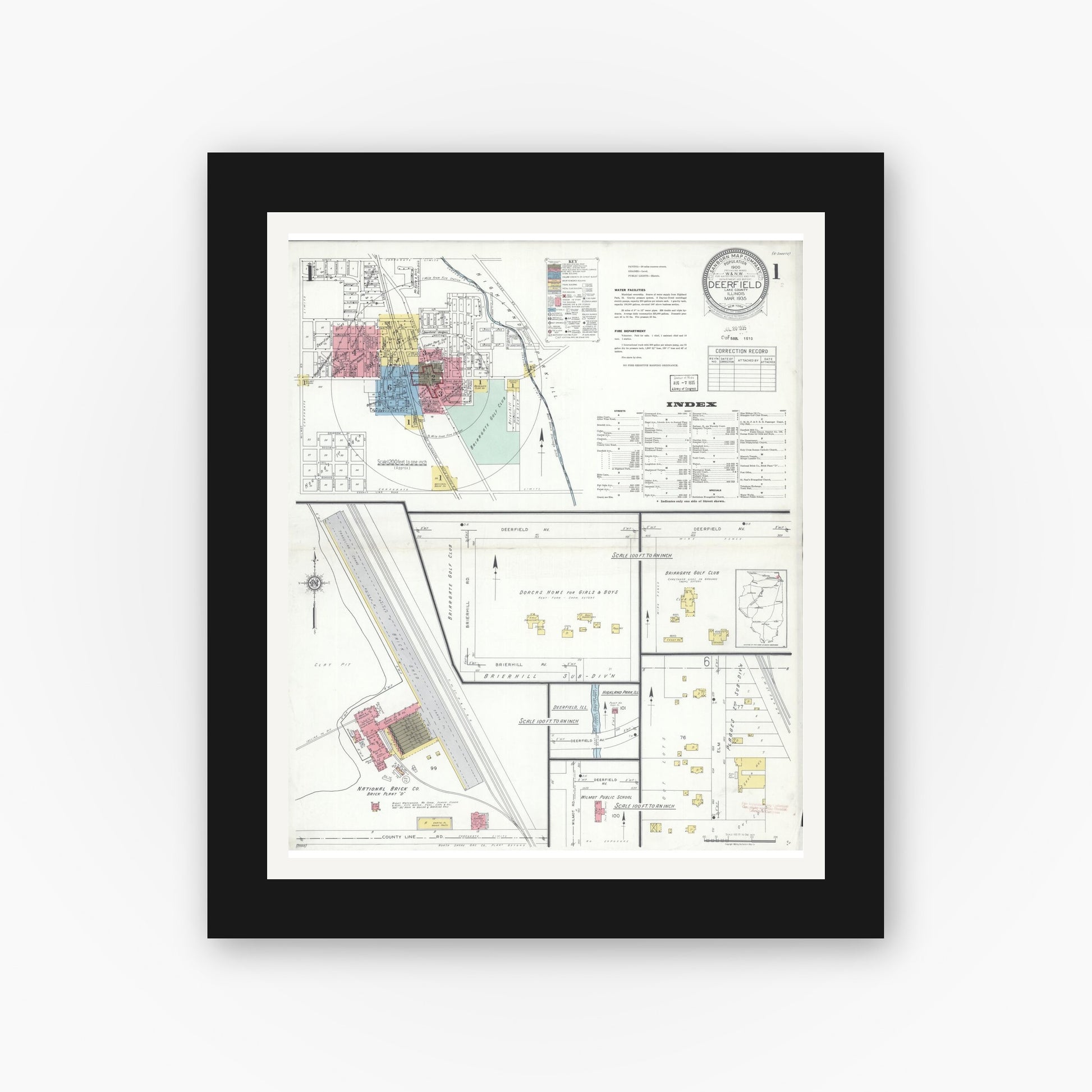 Old map wall art mockup — black gallery frame with white mat — Sanborn Fire Insurance Map from Deerfield, Lake County, Illinois (1935), Sheet #0001