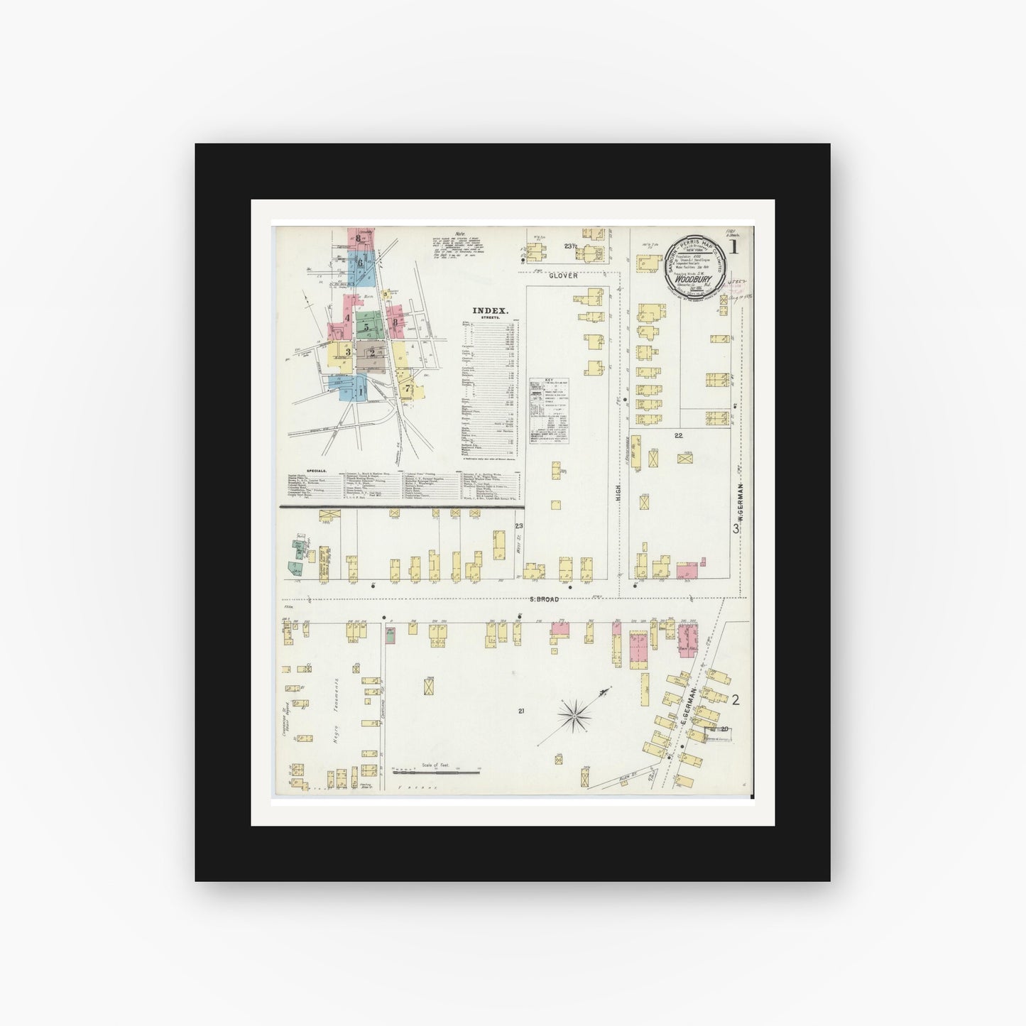Old map wall art mockup — black gallery frame with white mat — Sanborn Fire Insurance Map from Woodbury, Gloucester County, New Jersey (1896) - Complete Map Set
