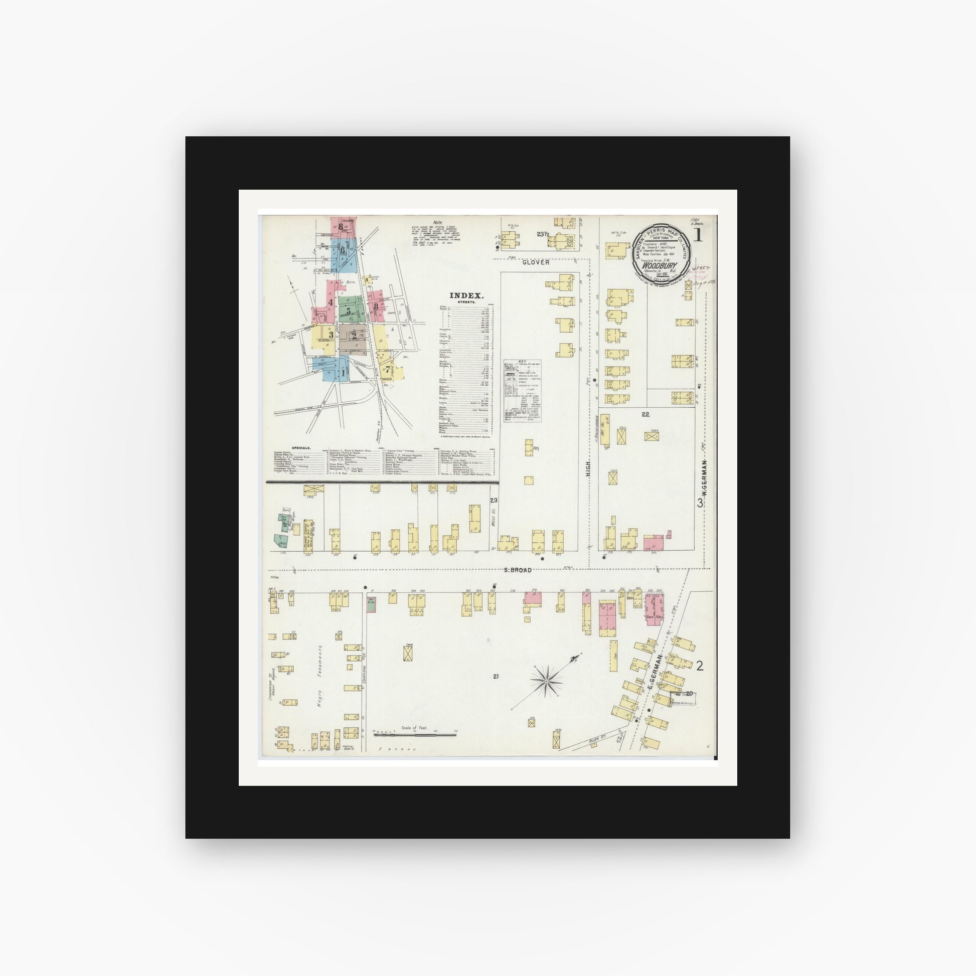 Old map wall art mockup — black gallery frame with white mat — Sanborn Fire Insurance Map from Woodbury, Gloucester County, New Jersey (1896) - Complete Map Set