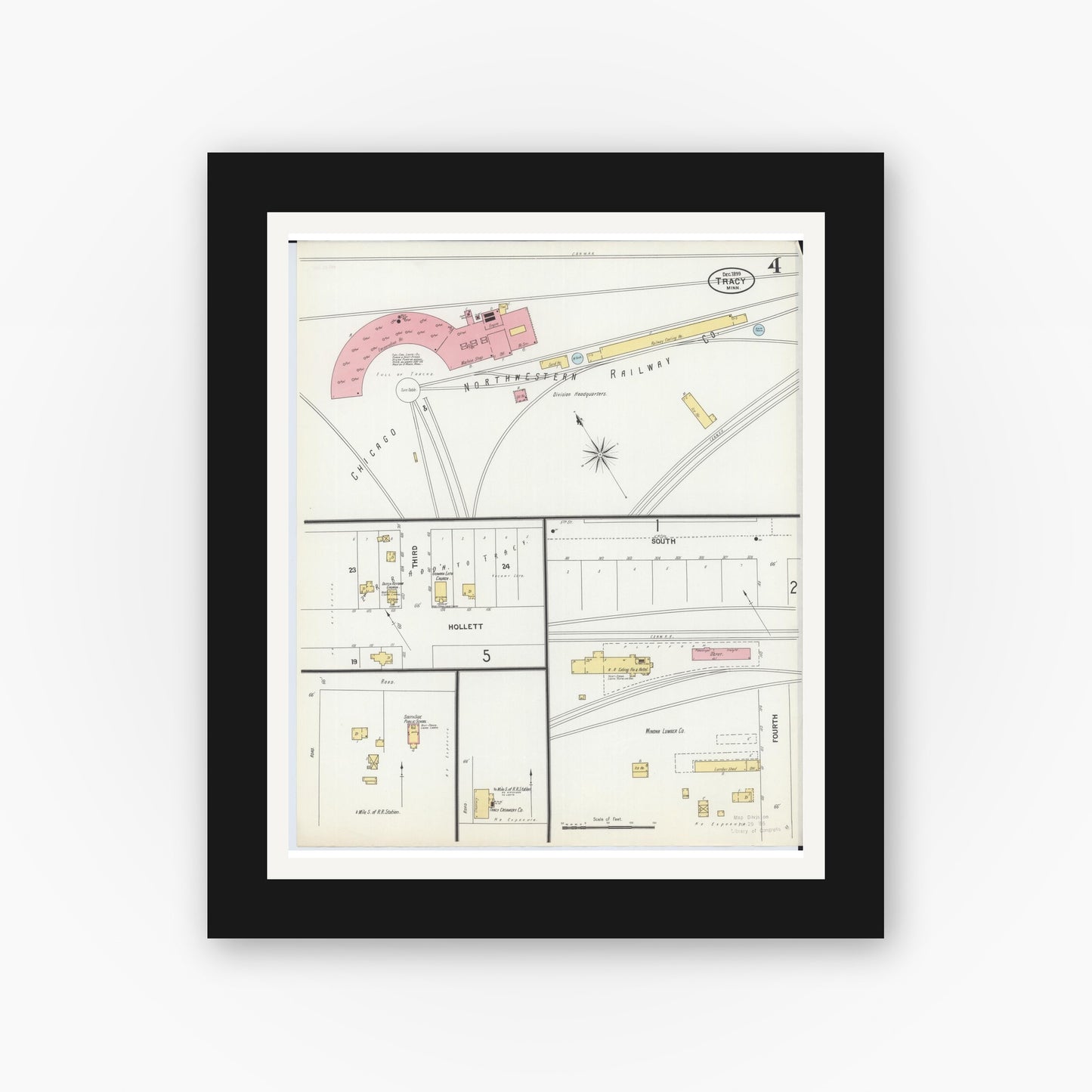Old map wall art mockup — black gallery frame with white mat — Sanborn Fire Insurance Map from Tracy, Lyon County, Minnesota (1899), Sheet #0004
