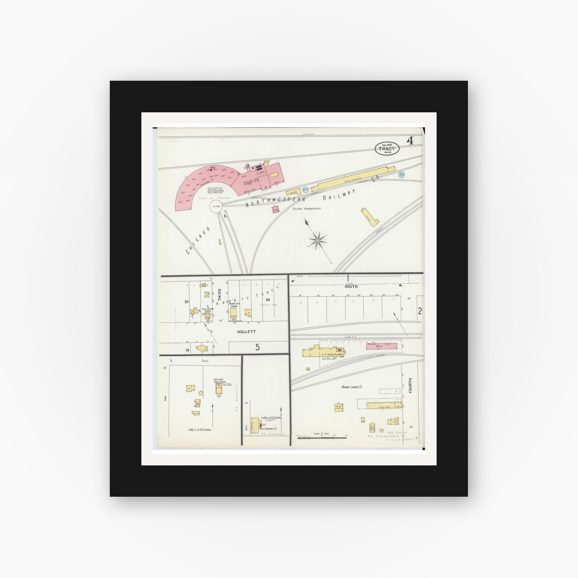 Old map wall art mockup — black gallery frame with white mat — Sanborn Fire Insurance Map from Tracy, Lyon County, Minnesota (1899), Sheet #0004