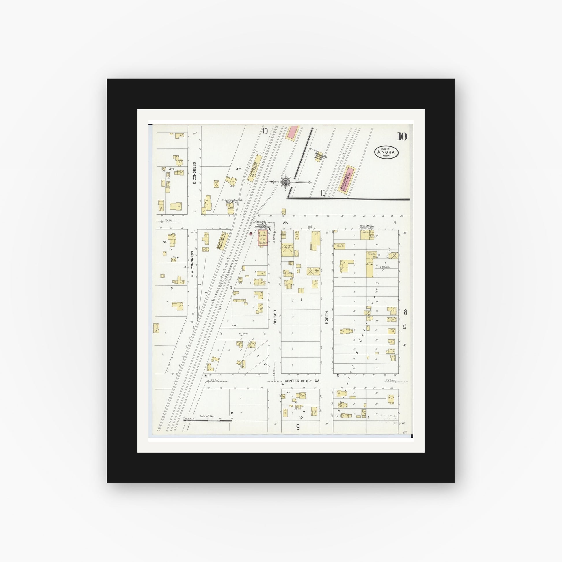 Old map wall art mockup — black gallery frame with white mat — Sanborn Fire Insurance Map from Anoka, Anoka County, Minnesota (1911), Sheet #0010