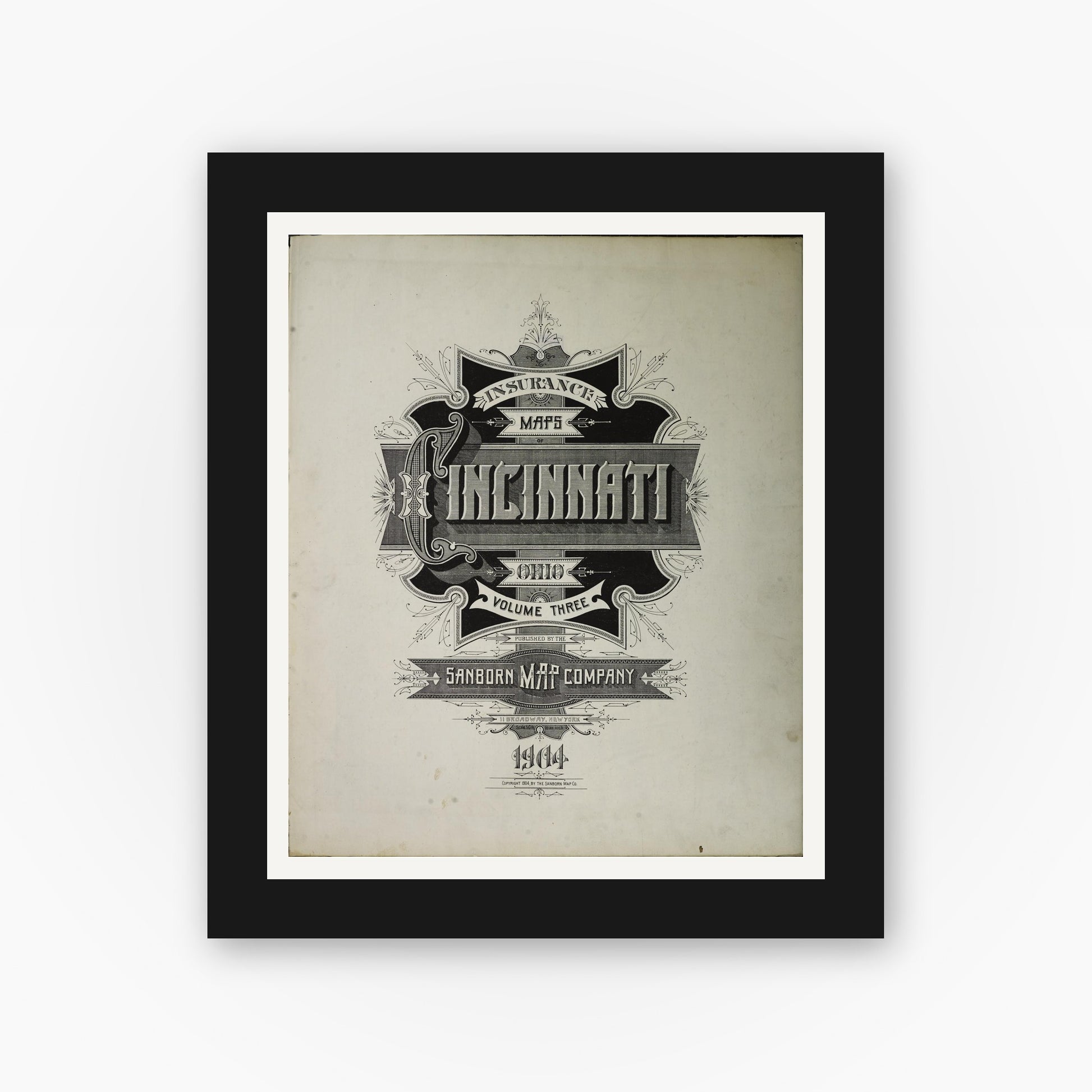 Old map wall art mockup — black gallery frame with white mat — Sanborn Fire Insurance Map from Cincinnati, Hamilton County, Ohio (1904), Sheet #0001