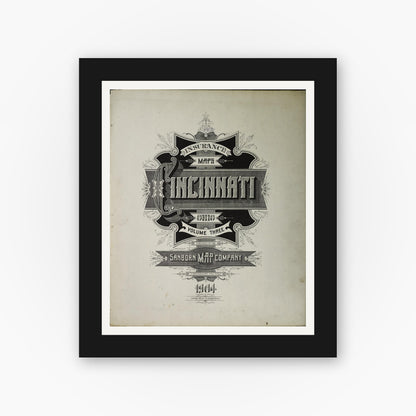 Old map wall art mockup — black gallery frame with white mat — Sanborn Fire Insurance Map from Cincinnati, Hamilton County, Ohio (1904), Sheet #0001