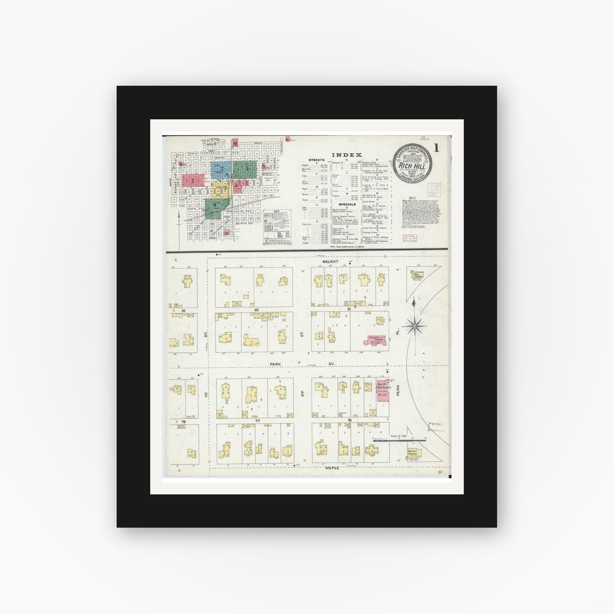 Old map wall art mockup — black gallery frame with white mat — Sanborn Fire Insurance Map from Rich Hill, Bates County, Missouri (1906), Sheet #0001