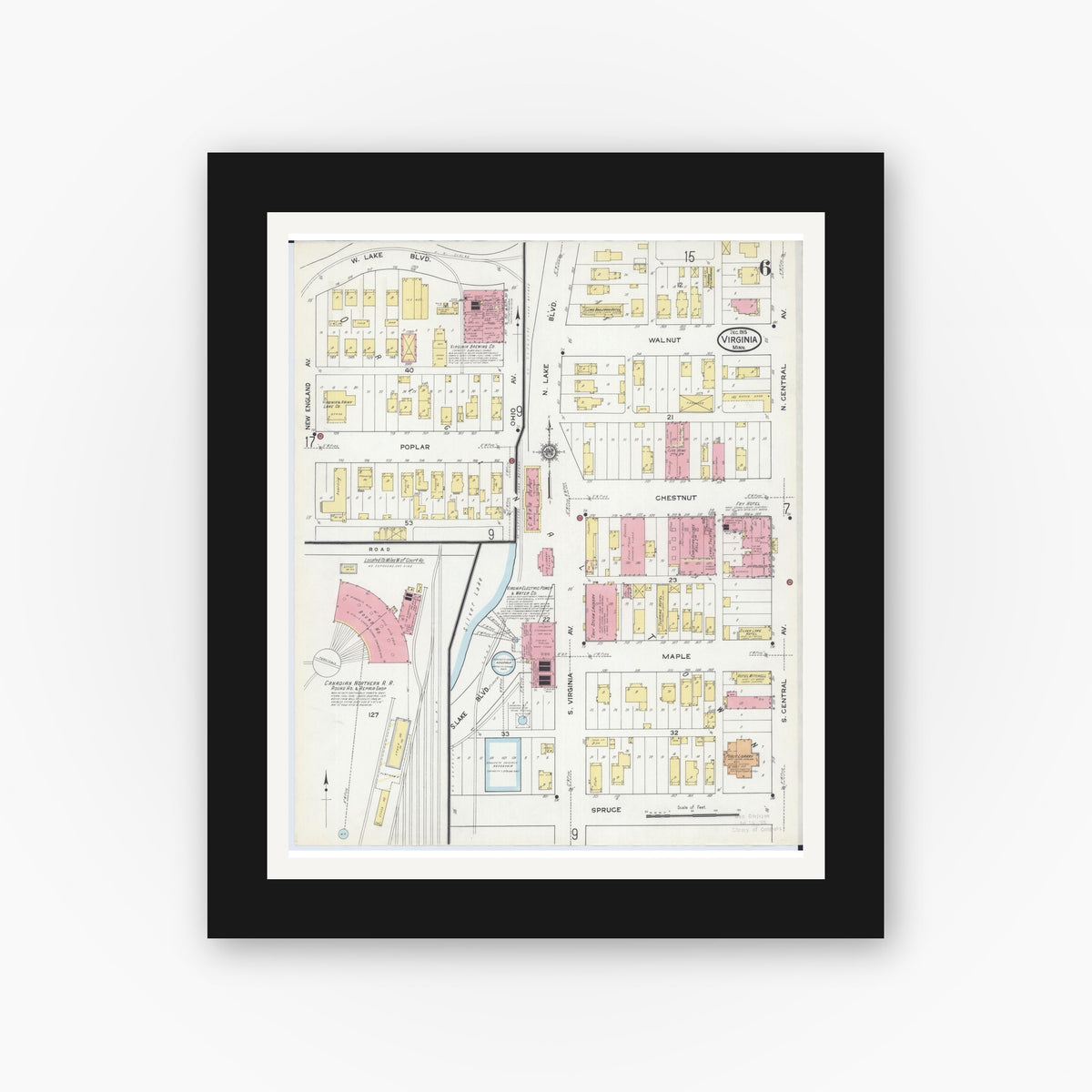 Old map wall art mockup — black gallery frame with white mat — Sanborn Fire Insurance Map from Virginia, Saint Louis County, Minnesota (1915), Sheet #0006