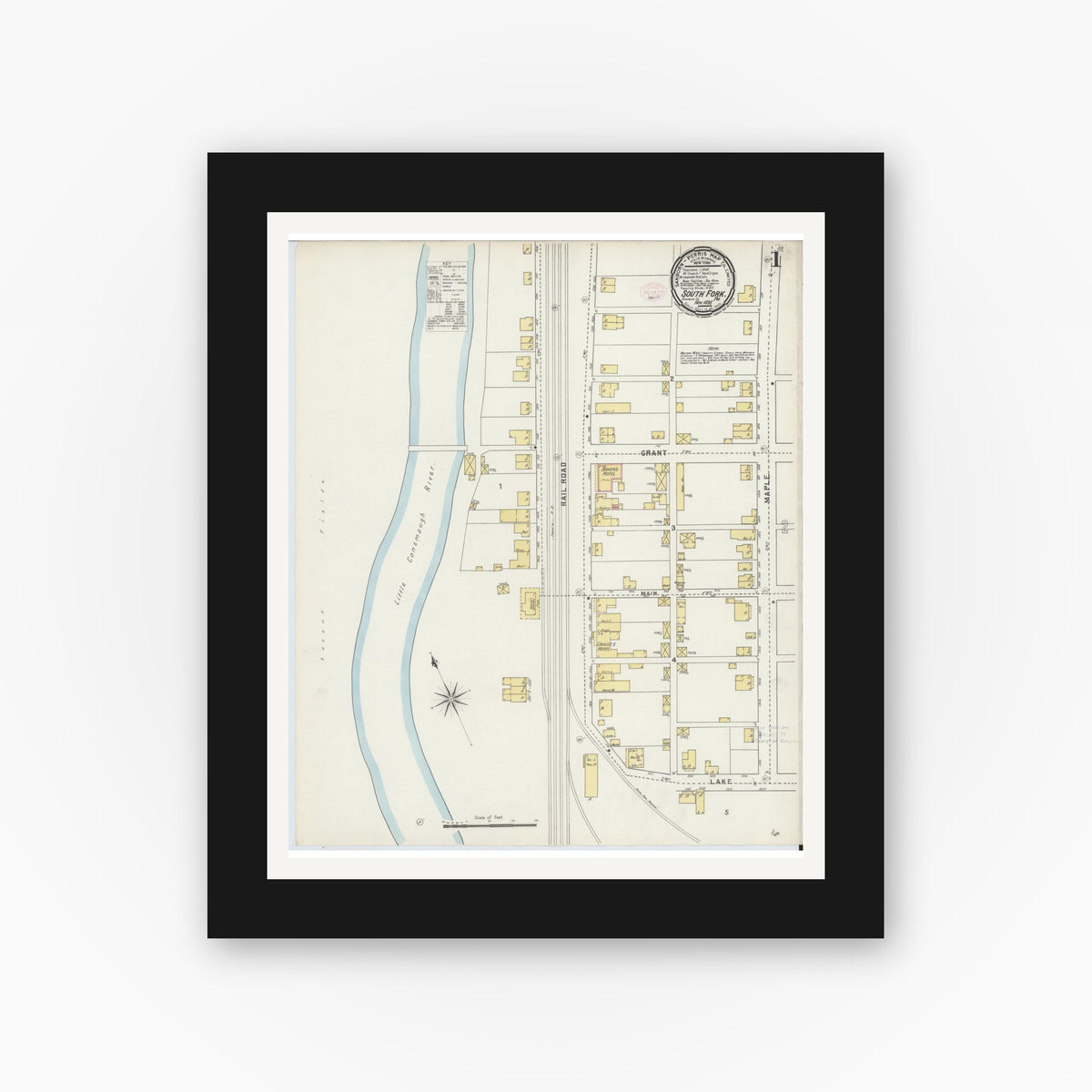 Old map wall art mockup — black gallery frame with white mat — Sanborn Fire Insurance Map from South Fork, Cambria County, Pennsylvania (1895), Sheet #0001