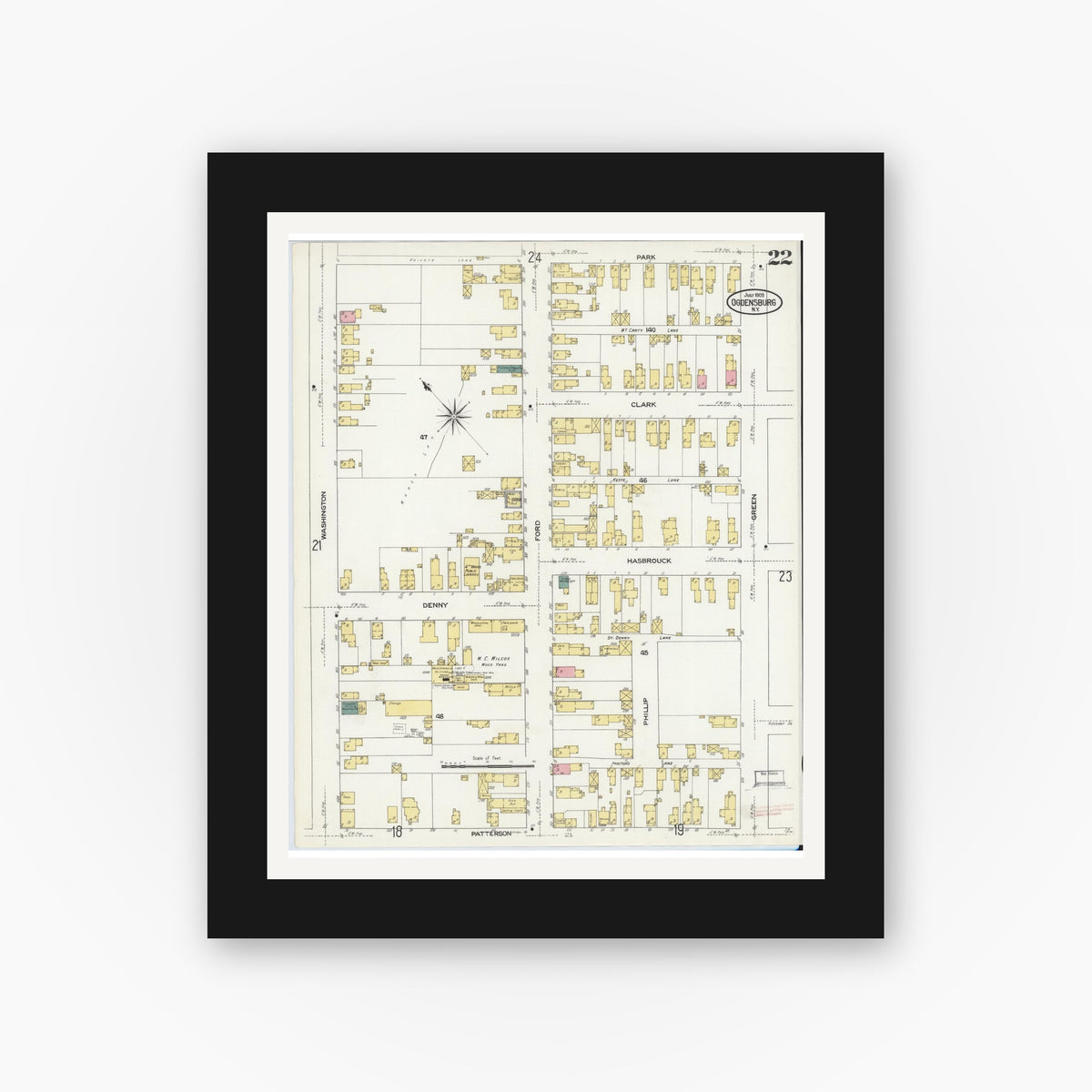 Old map wall art mockup — black gallery frame with white mat — Sanborn Fire Insurance Map from Ogdensburg, St. Lawrence County, New York (1909), Sheet #0022