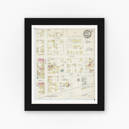 Old map wall art mockup — black gallery frame with white mat — Sanborn Fire Insurance Map from Archbold, Fulton County, Ohio (1895), Sheet #0001