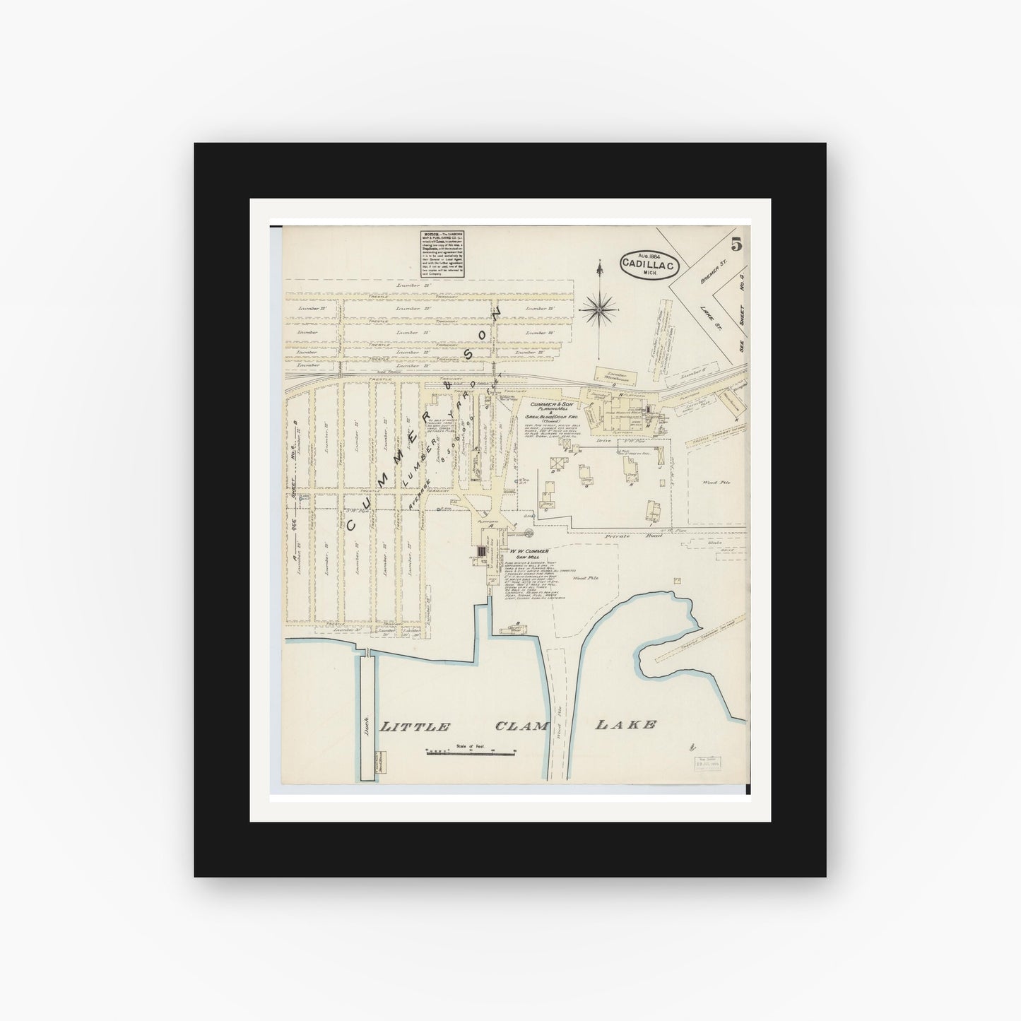 Old map wall art mockup — black gallery frame with white mat — Sanborn Fire Insurance Map from Cadillac, Wexford County, Michigan (1884), Sheet #0005