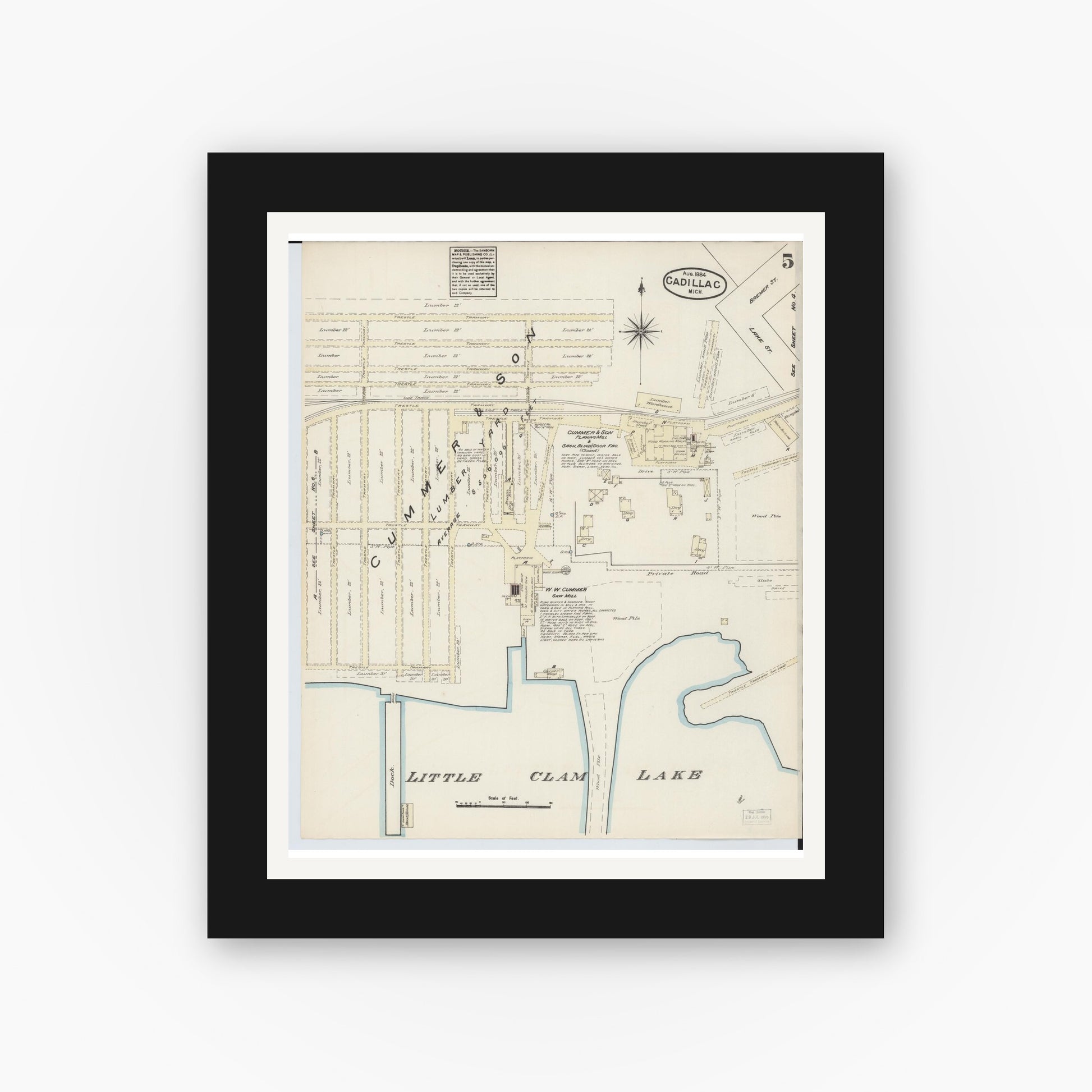 Old map wall art mockup — black gallery frame with white mat — Sanborn Fire Insurance Map from Cadillac, Wexford County, Michigan (1884), Sheet #0005