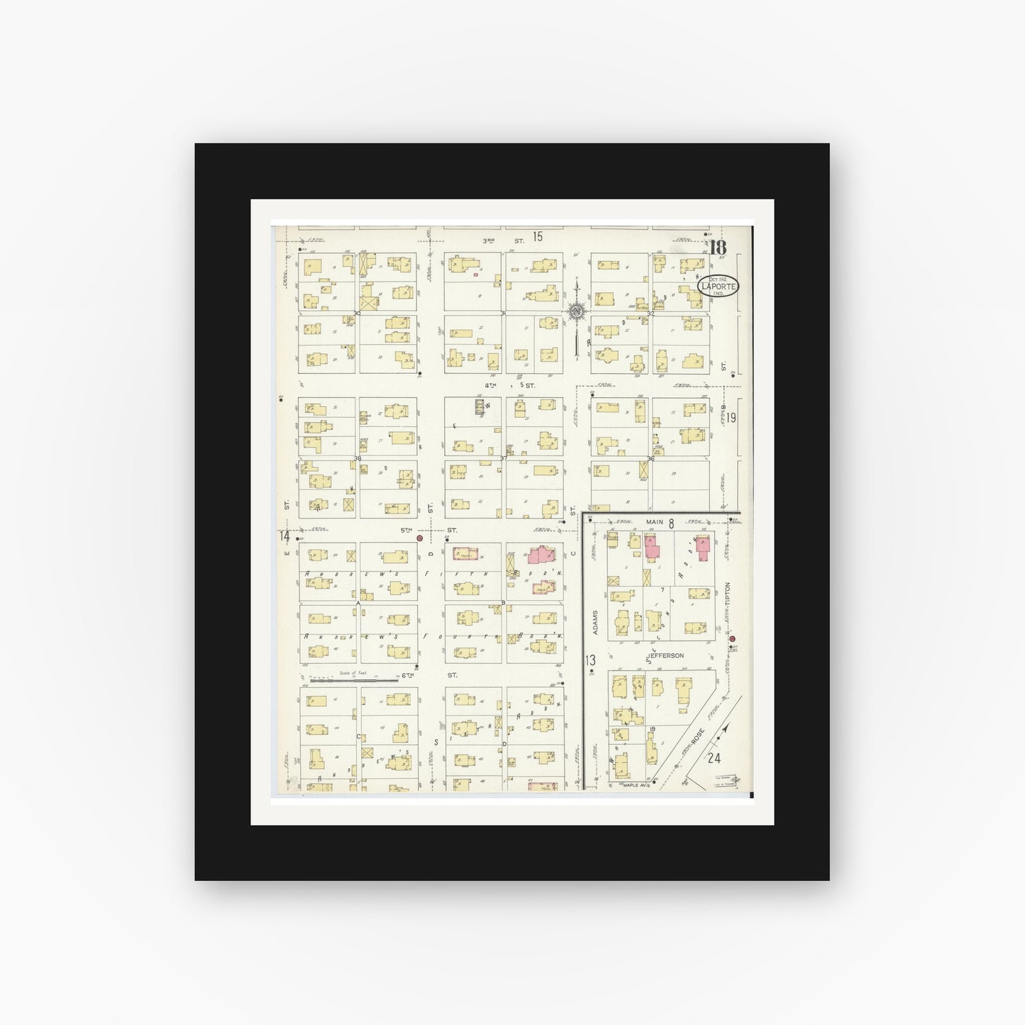 Old map wall art mockup — black gallery frame with white mat — Sanborn Fire Insurance Map from La Porte, La Porte County, Indiana (1912), Sheet #0018