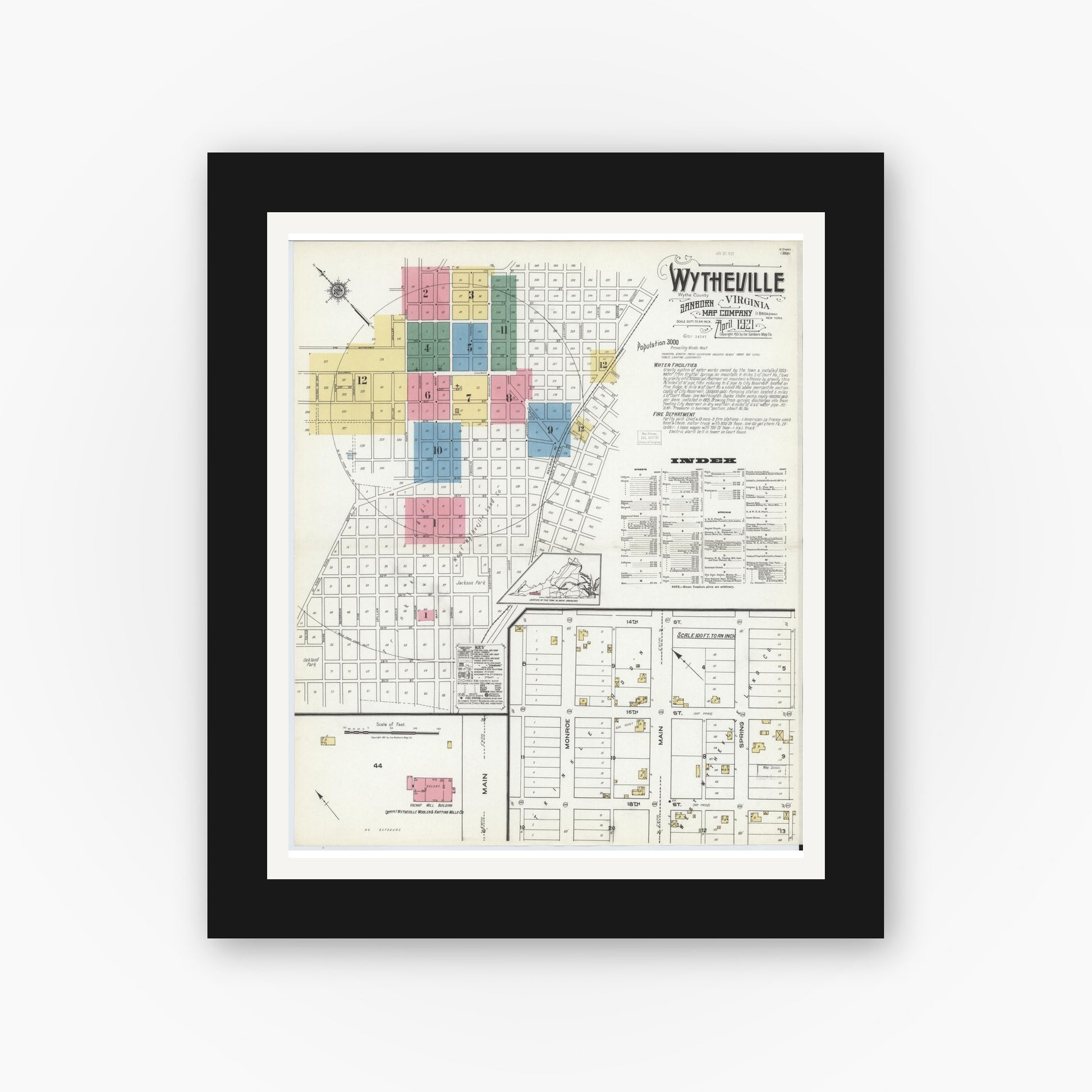 Old map wall art mockup — black gallery frame with white mat — Sanborn Fire Insurance Map from Wytheville, Wythe County, Virginia (1921), Sheet #0001