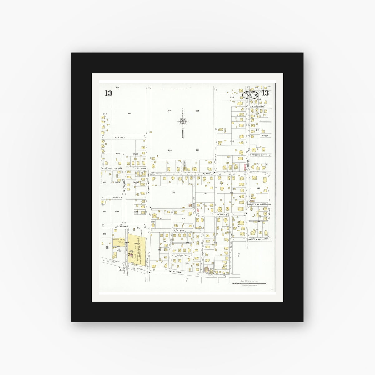 Old map wall art mockup — black gallery frame with white mat — Sanborn Fire Insurance Map from Tyler, Smith County, Texas (1928), Sheet #0013