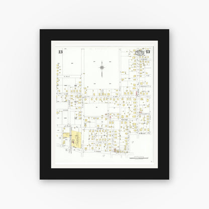 Old map wall art mockup — black gallery frame with white mat — Sanborn Fire Insurance Map from Tyler, Smith County, Texas (1928), Sheet #0013