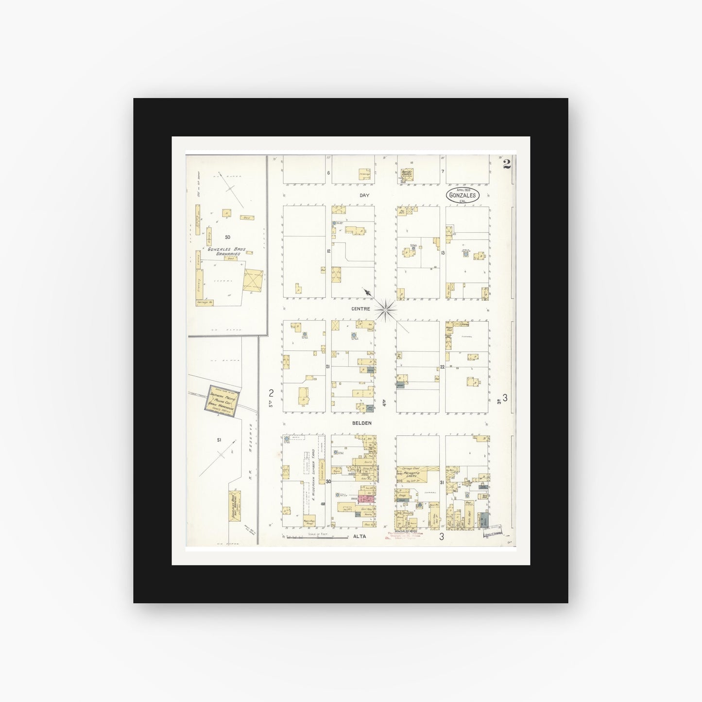 Old map wall art mockup — black gallery frame with white mat — Sanborn Fire Insurance Map from Gonzales, Monterey County, California (1903), Sheet #0002