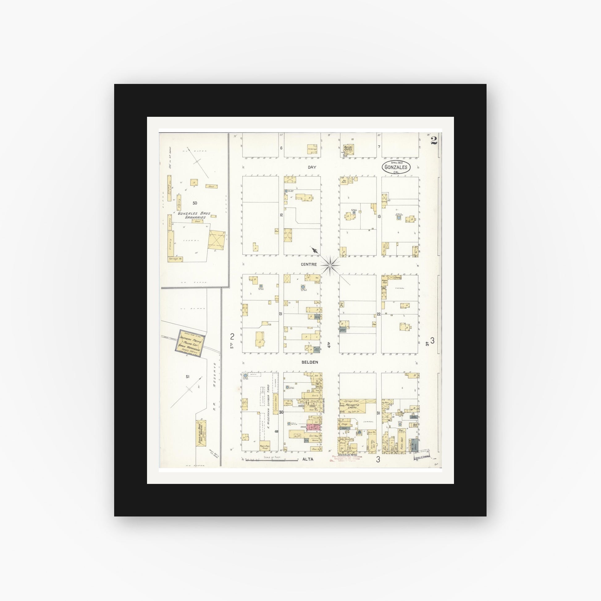 Old map wall art mockup — black gallery frame with white mat — Sanborn Fire Insurance Map from Gonzales, Monterey County, California (1903), Sheet #0002