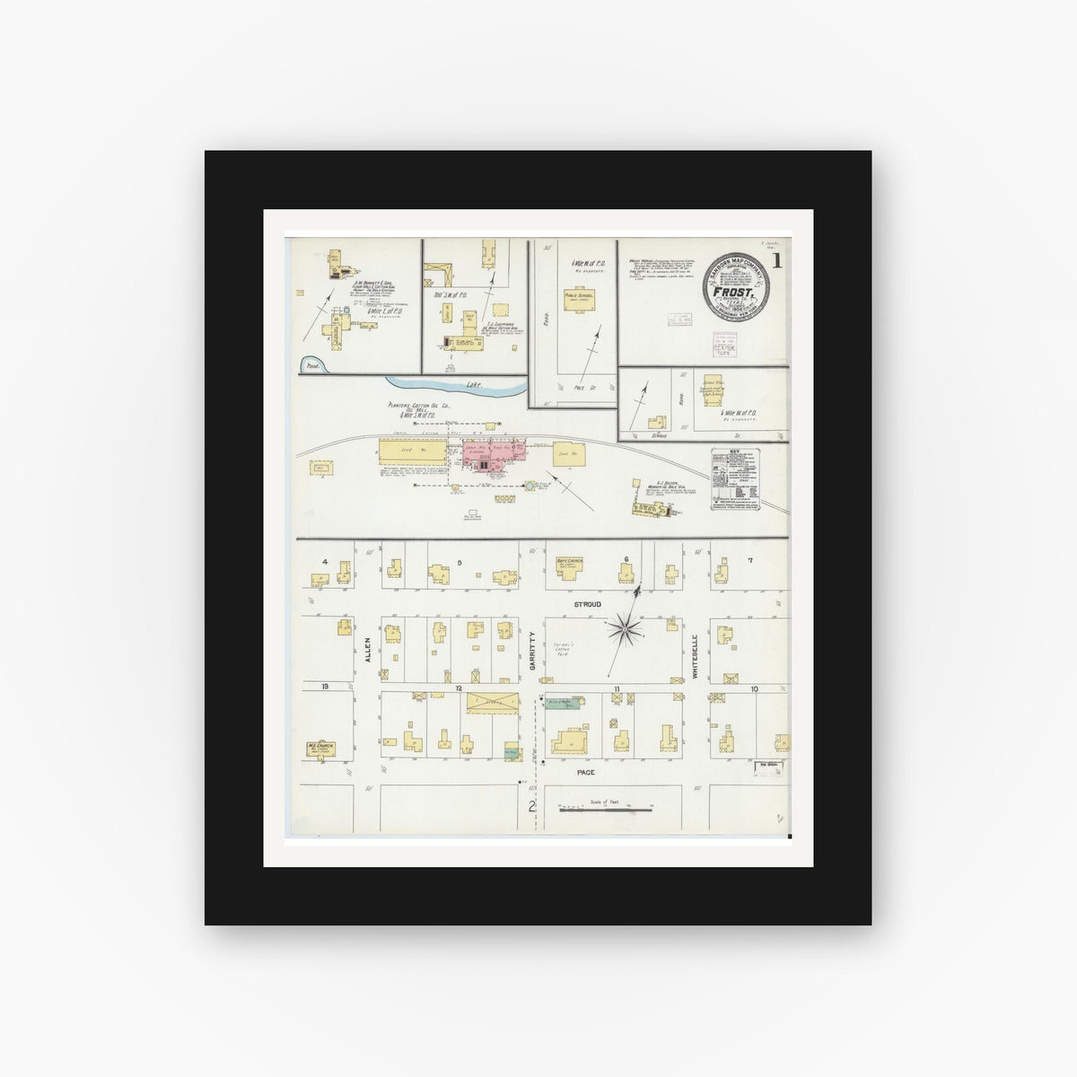 Old map wall art mockup — black gallery frame with white mat — Sanborn Fire Insurance Map from Frost, Navarro County, Texas (1904) - Complete Map Set