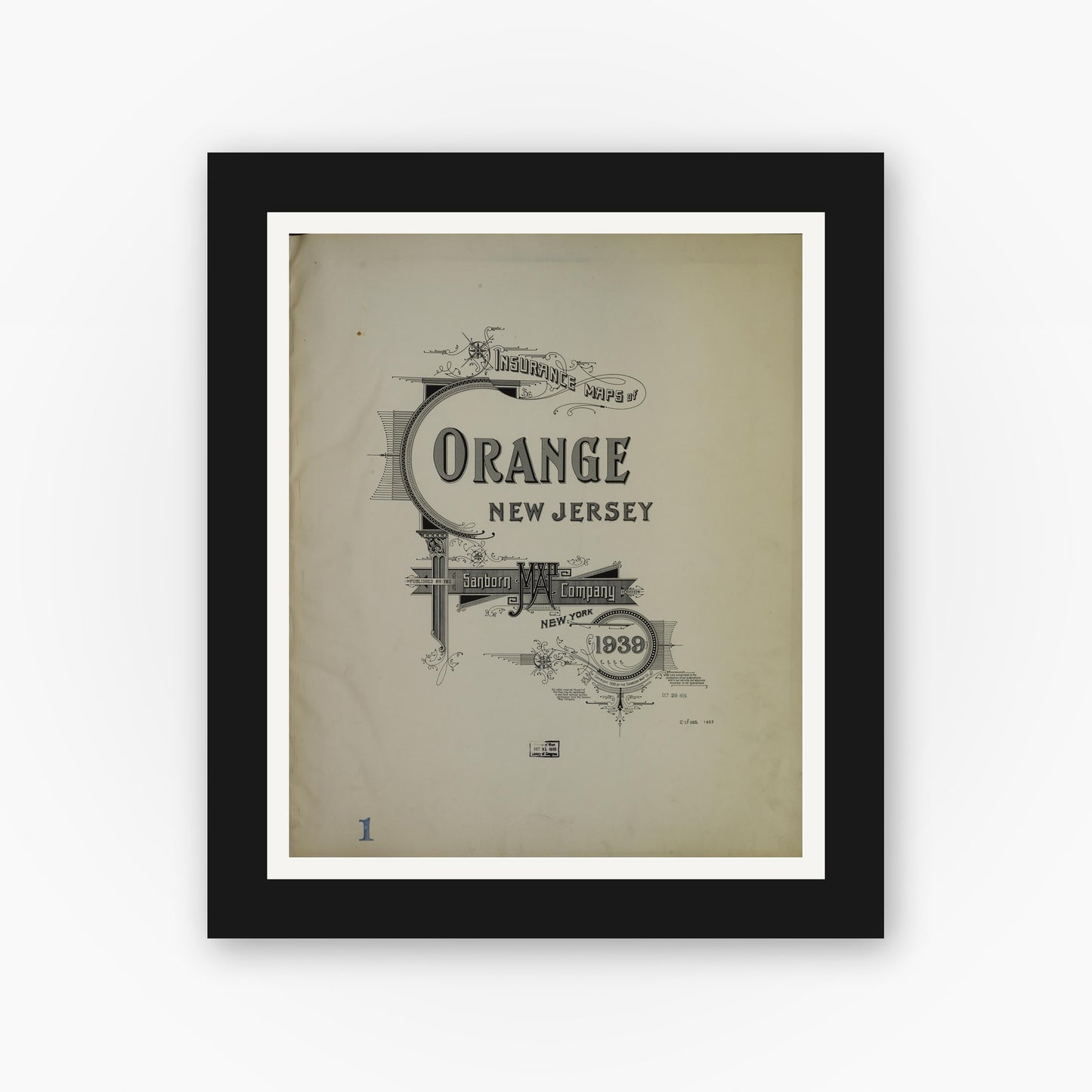 Old map wall art mockup — black gallery frame with white mat — Sanborn Fire Insurance Map from Orange, Essex County, New Jersey (1939), Sheet #0001