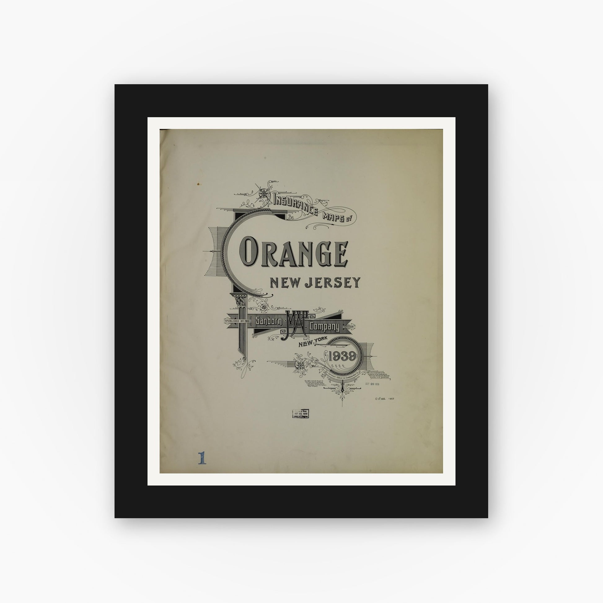 Old map wall art mockup — black gallery frame with white mat — Sanborn Fire Insurance Map from Orange, Essex County, New Jersey (1939), Sheet #0001