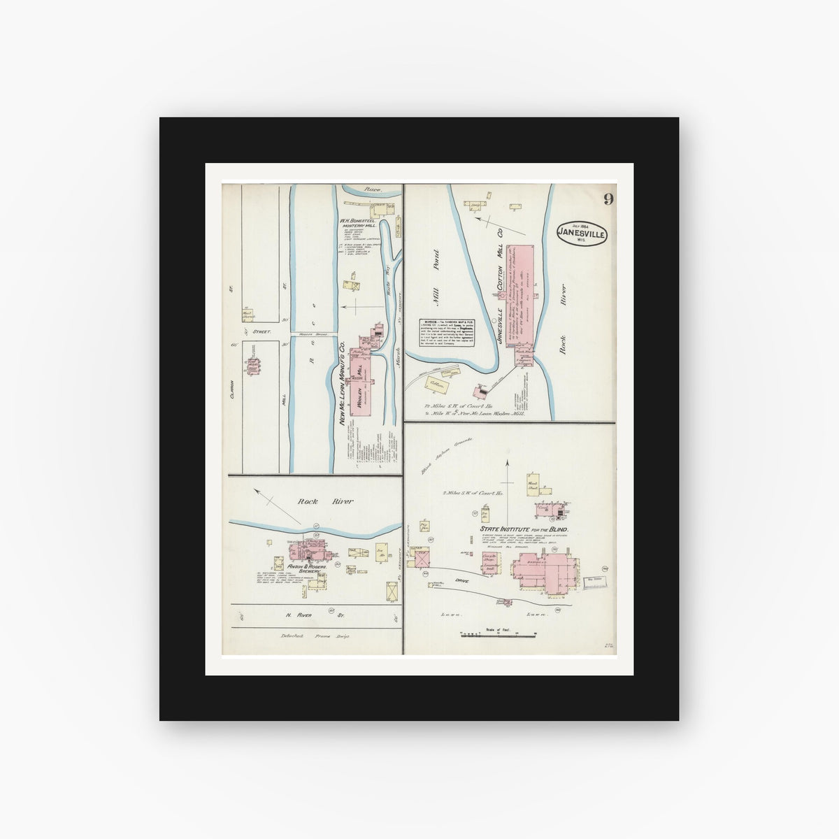 Old map wall art mockup — black gallery frame with white mat — Sanborn Fire Insurance Map from Janesville, Rock County, Wisconsin (1884), Sheet #0009