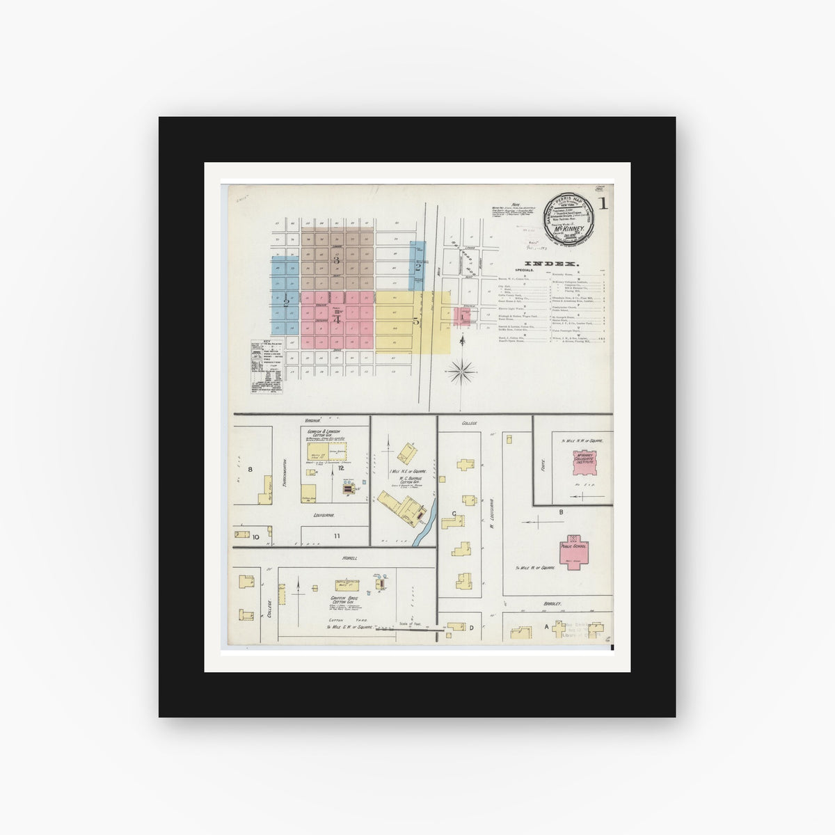 Old map wall art mockup — black gallery frame with white mat — Sanborn Fire Insurance Map from McKinney, Collin County, Texas (1892), Sheet #0001