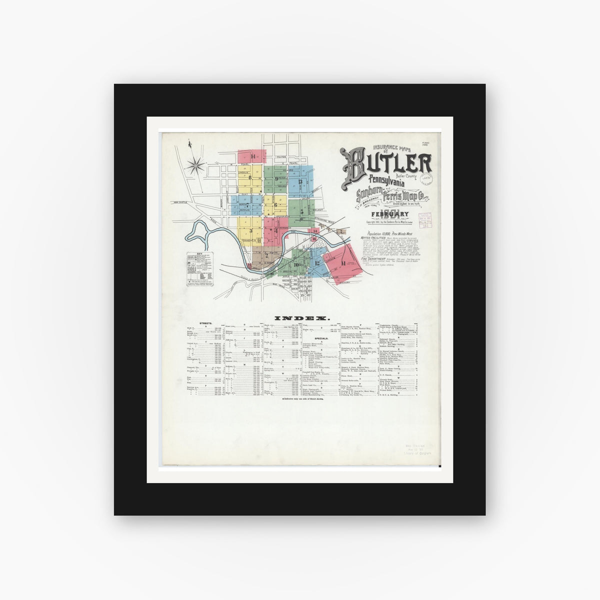 Old map wall art mockup — black gallery frame with white mat — Sanborn Fire Insurance Map from Butler, Butler County, Pennsylvania (1901) - Complete Map Set