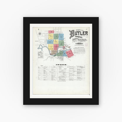 Old map wall art mockup — black gallery frame with white mat — Sanborn Fire Insurance Map from Butler, Butler County, Pennsylvania (1901) - Complete Map Set