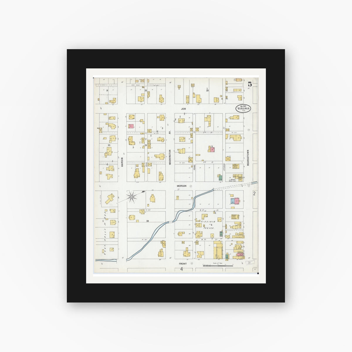 Old map wall art mockup — black gallery frame with white mat — Sanborn Fire Insurance Map from Virginia, Cass County, Illinois (1900), Sheet #0005